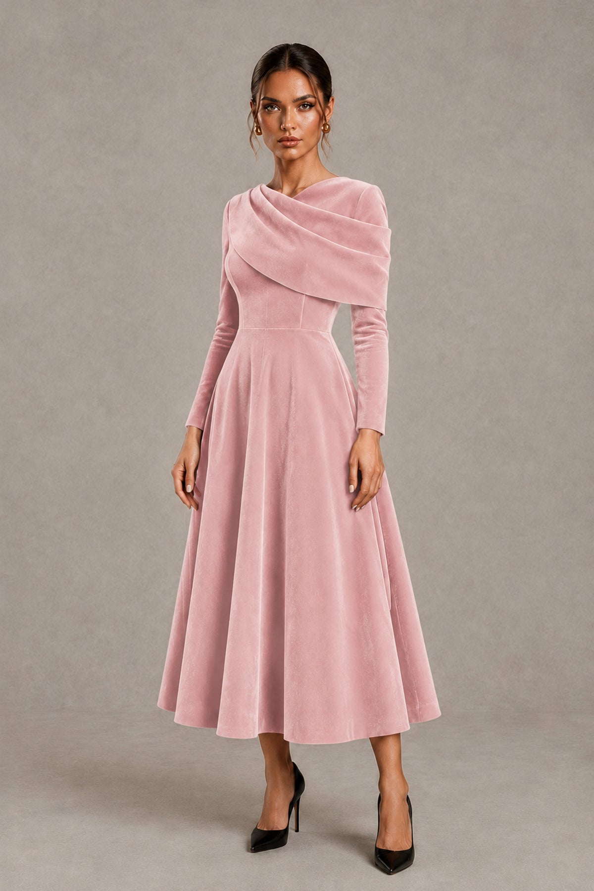 BOLODOO Blush Pink Velvet-Look Long Sleeve Tea-Length A-Line Dress with Draped Neckline - Blush Pink - Blush Pink_4