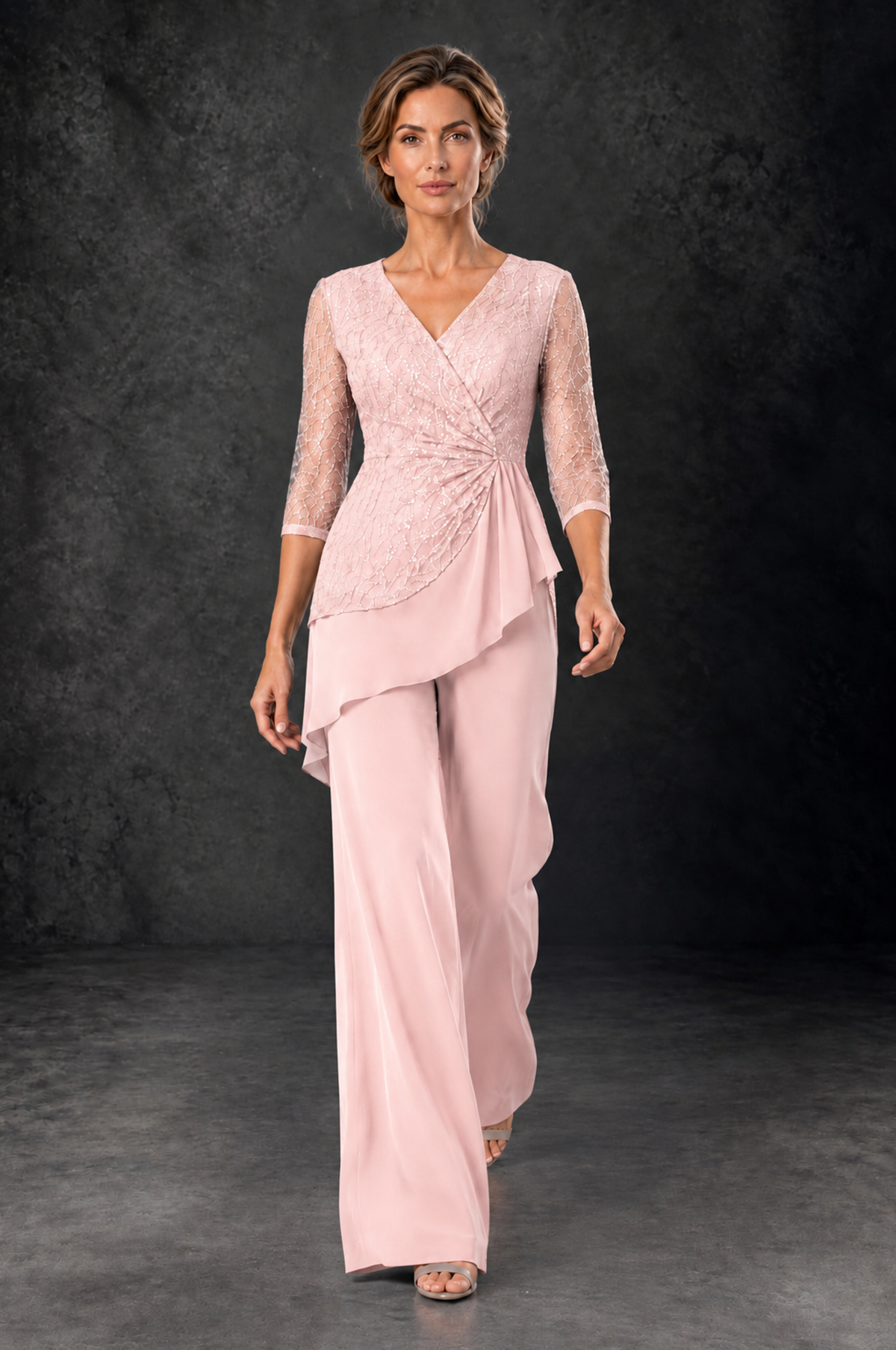 BOLODOO Blush Pink Sequin Lace 3/4 Sleeve Chiffon Mother of the Bride Pant Suit - Blush Pink - Blush_Pink_4