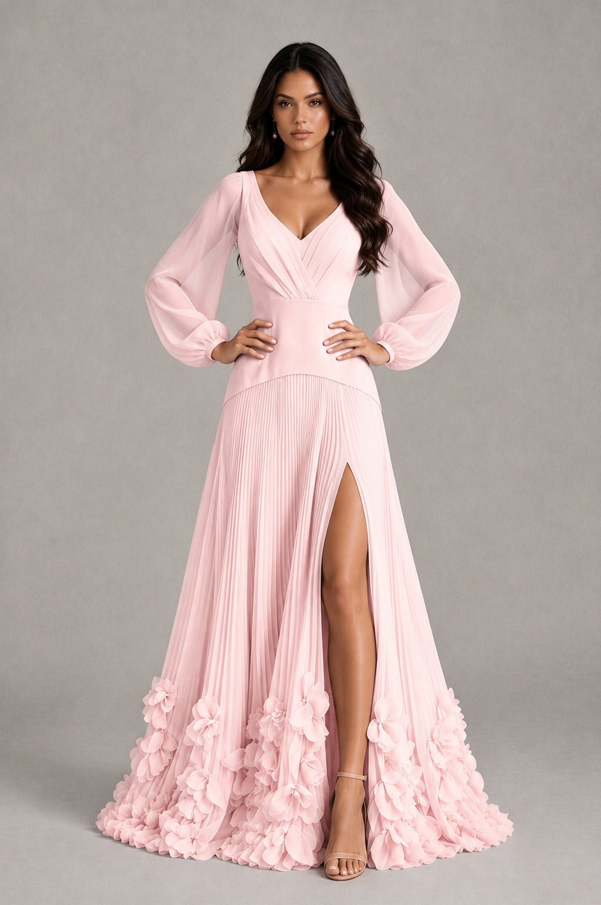 BOLODOO Blush Pink V-Neck Long Sleeve Pleated Floral Hem Evening Dress - Blush Pink - Blush Pink_4