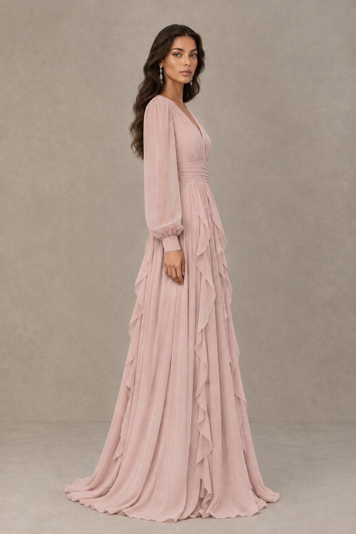 BOLODOO Blush Pink Long Sleeve V-Neck Ruffle Maxi Dress - Blush Pink