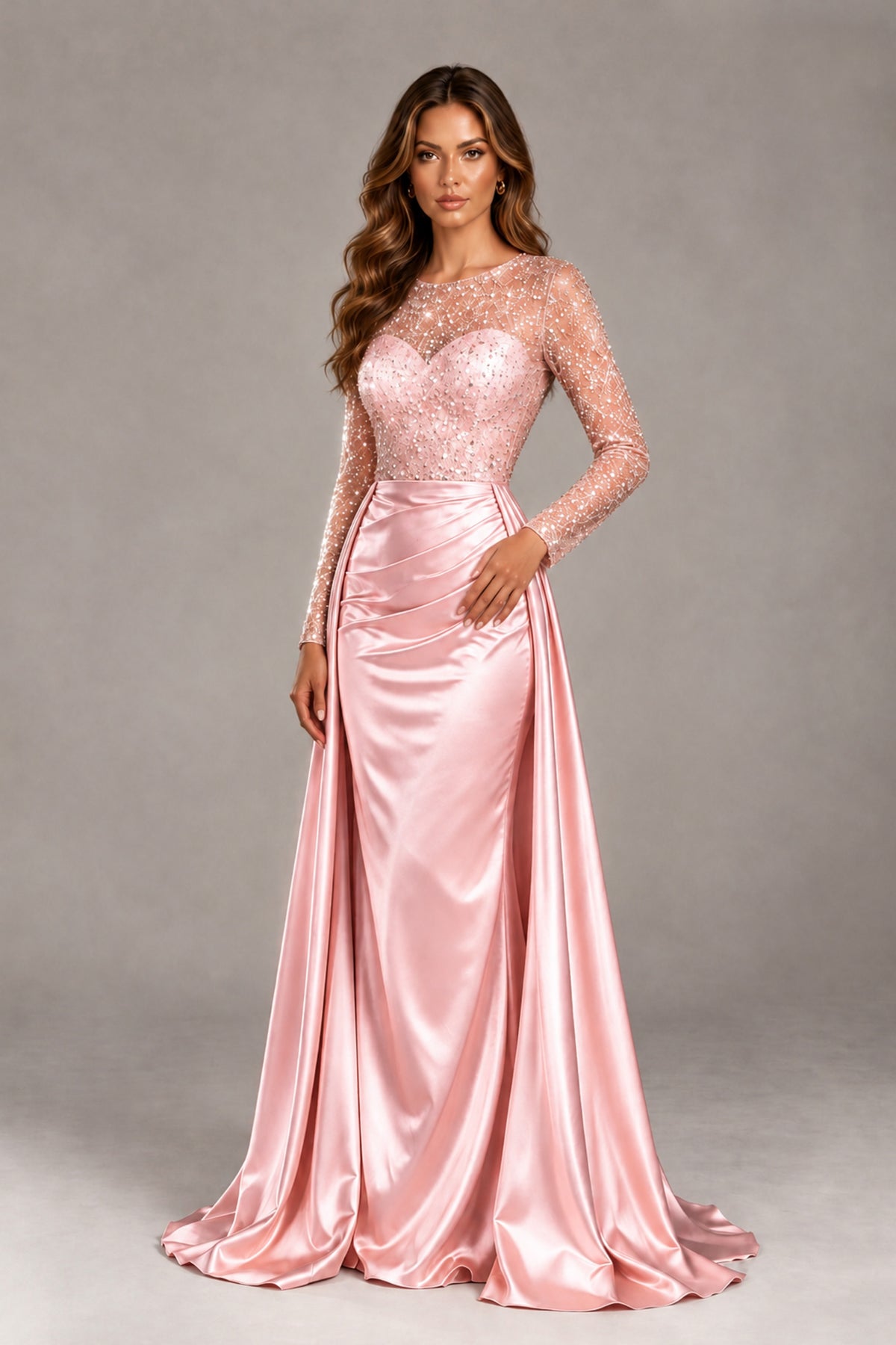 BOLODOO Blush Pink Long Sleeve Embellished Satin Evening Gown with Sweep Train - Blush Pink - Blush Pink_4