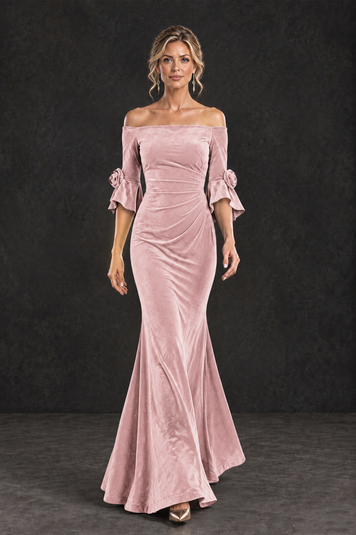BOLODOO Blush Pink Velvet Off-Shoulder Mother of the Bride Dress – 3/4 Floral Cuff Sleeve Mermaid Evening Gown - Blush Pink - Blush Pink_4