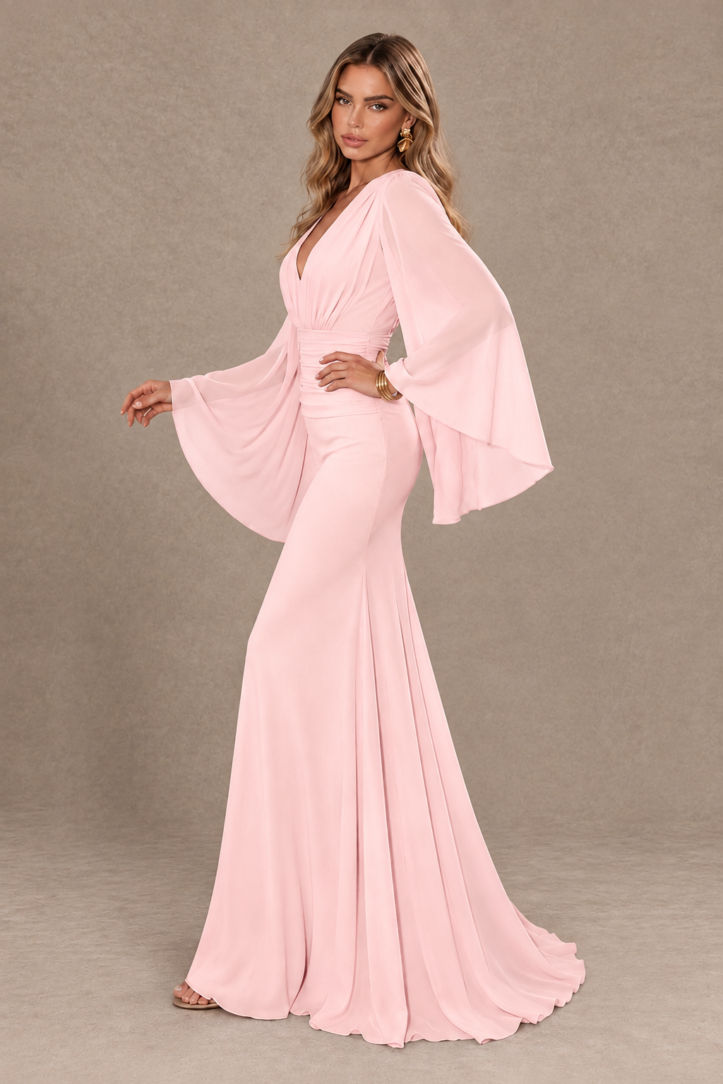 BOLODOO Blush Pink Cape Sleeve V-Neck Ruched Chiffon Evening Dress - Blush Pink - Blush_Pink_4