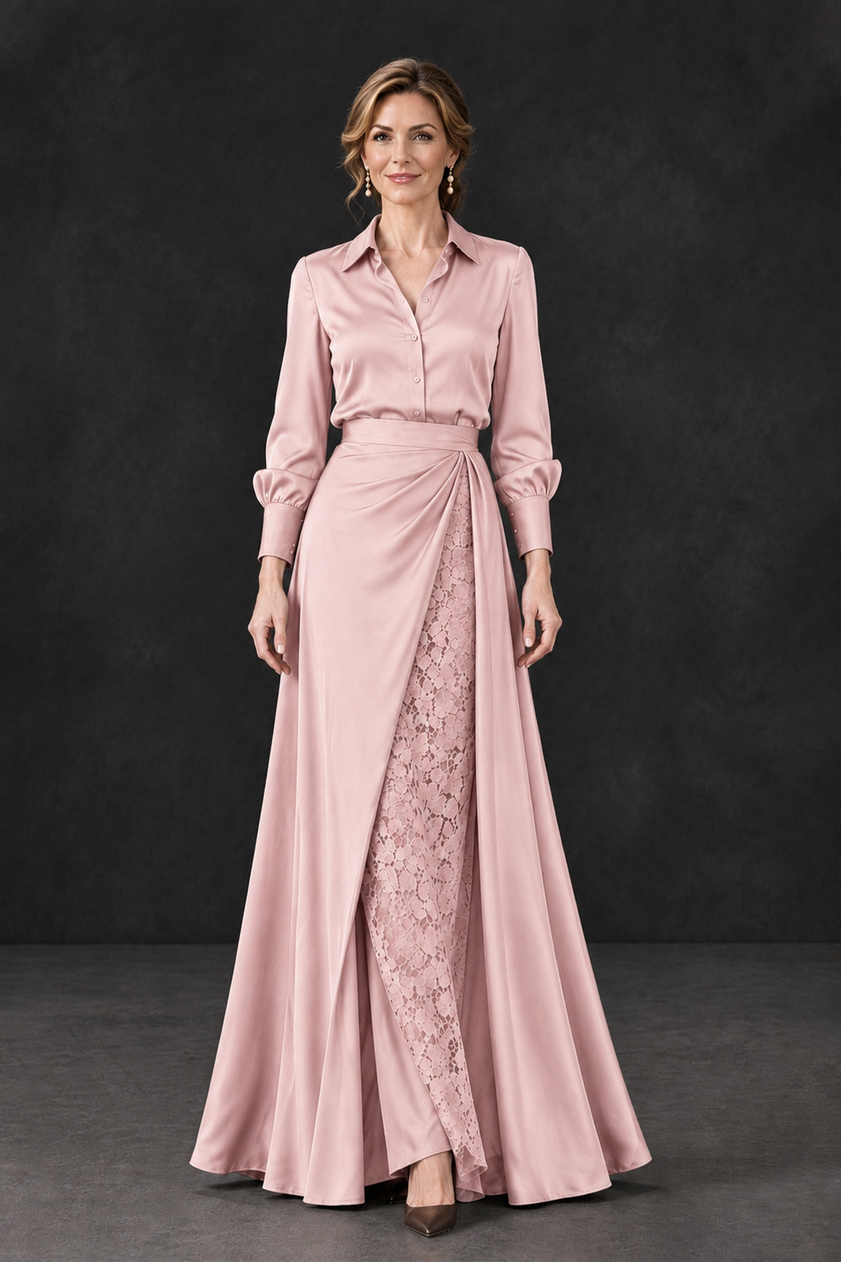 BOLODOO Blush Pink Long Sleeve Satin-Look Lace Panel Gown - Blush Pink - Blush Pink_4