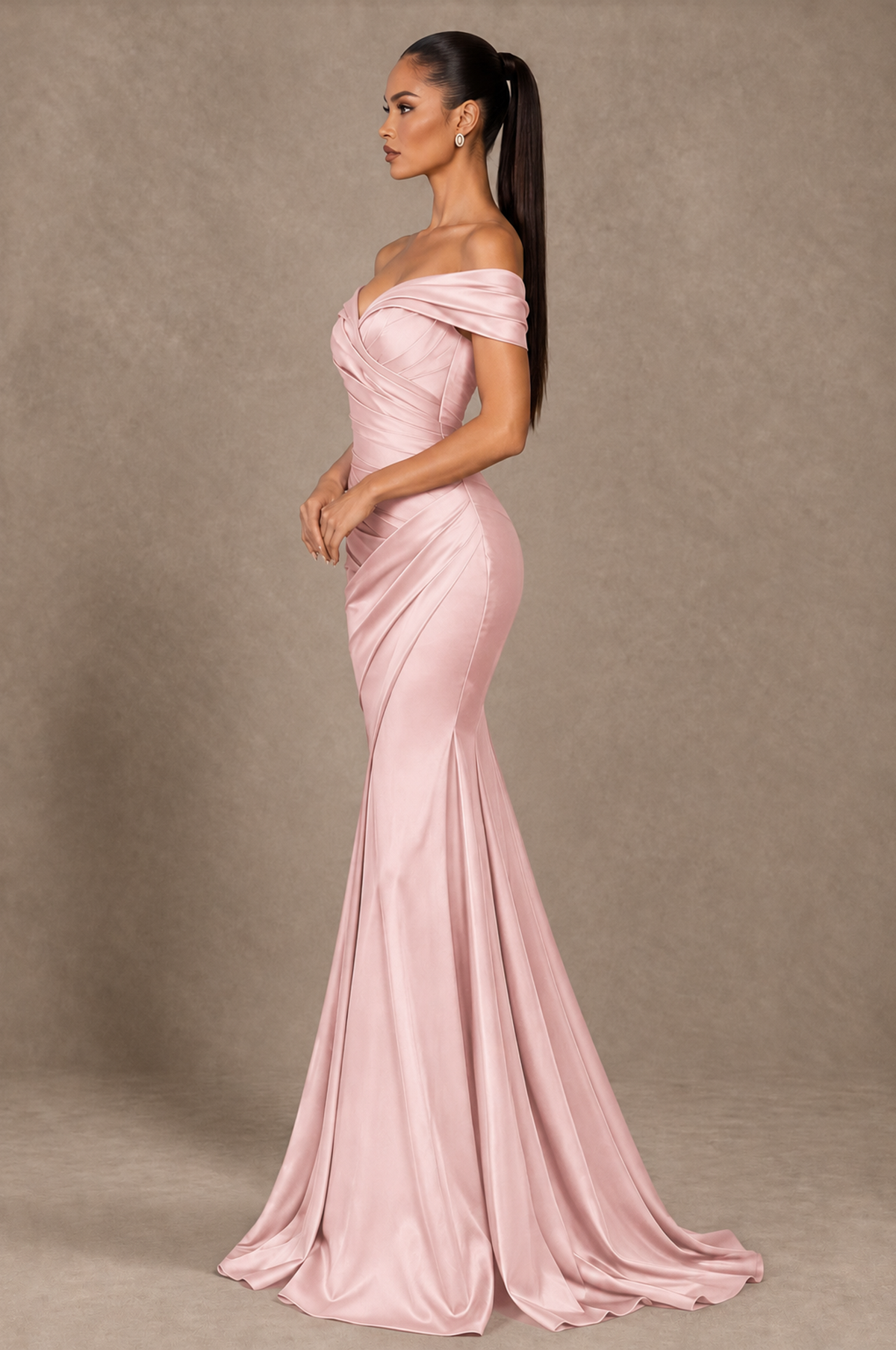 BOLODOO Blush Pink Off-the-Shoulder Ruched Satin Mermaid Evening Dress - Blush Pink - Blush_Pink_4