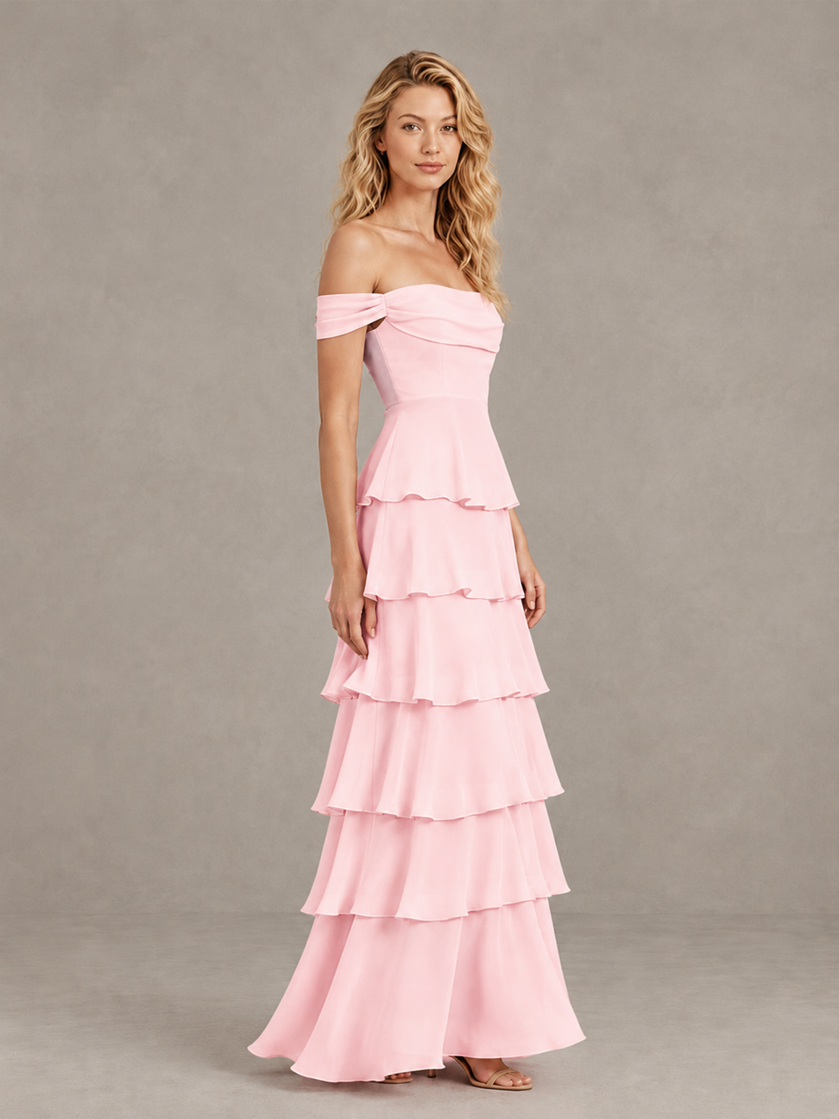 BOLODOO Blush Pink Off-Shoulder Tiered Ruffle Bridesmaid Dress with Lace-Up Back - Blush Pink - Blush Pink_4