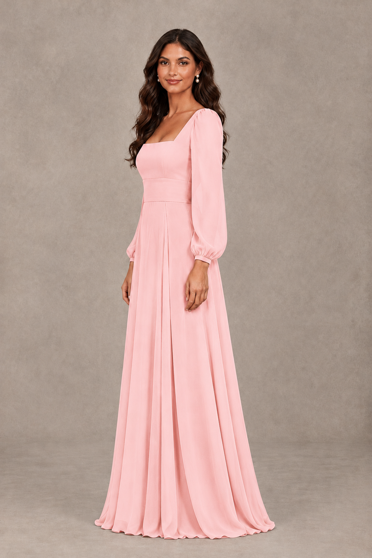 BOLODOO Blush Pink Square Neck Long Sleeve A-Line Bridesmaid Dress - Blush Pink - Blush Pink_4