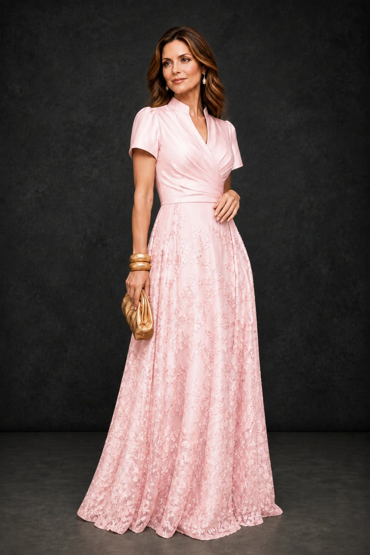 BOLODOO Blush Pink Satin Wrap V-Neck Short Sleeve Lace Glitter A-Line Floor Length Evening Gown – Formal Dress - Blush Pink