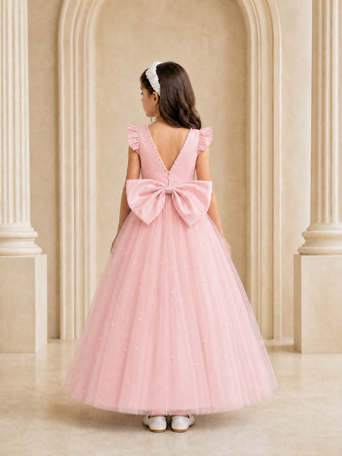 BOLODOO Blush Pink Tulle Flower Girl Dress with Ruffle Sleeves & Bow Back - Blush Pink - Blush_Pink_4