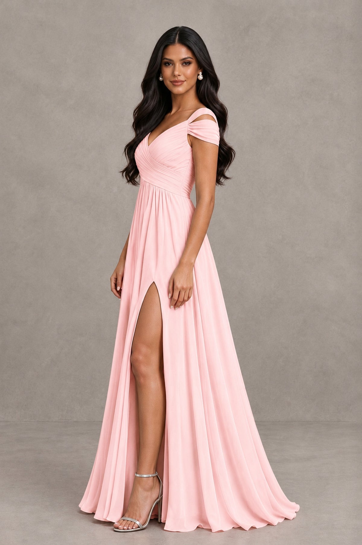 BOLODOO Blush Pink Cold Shoulder Chiffon Evening Dress with V Neck and High Slit - Blush Pink - Blush Pink_4