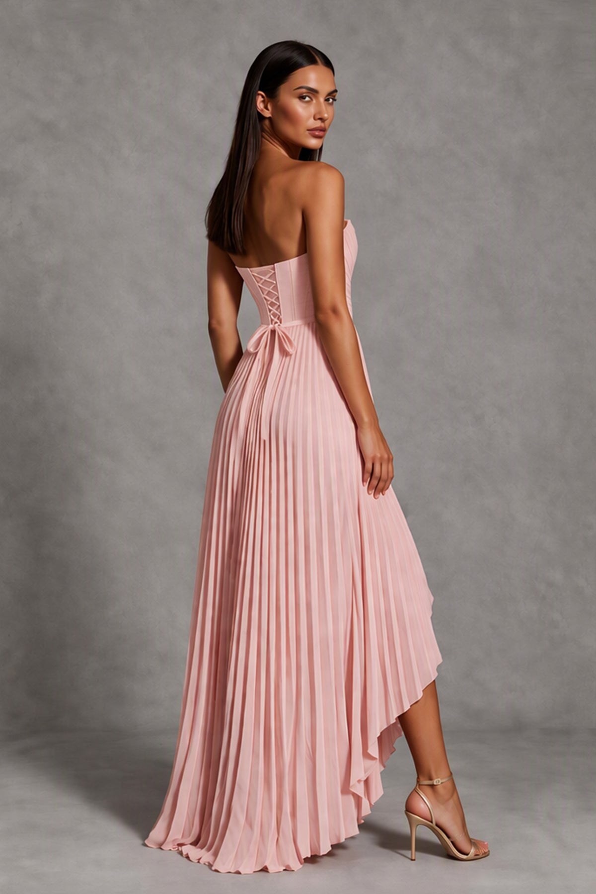 Blush Pink Strapless Pleated High-Low Evening Gown with Ruffle Hem - Blush Pink
