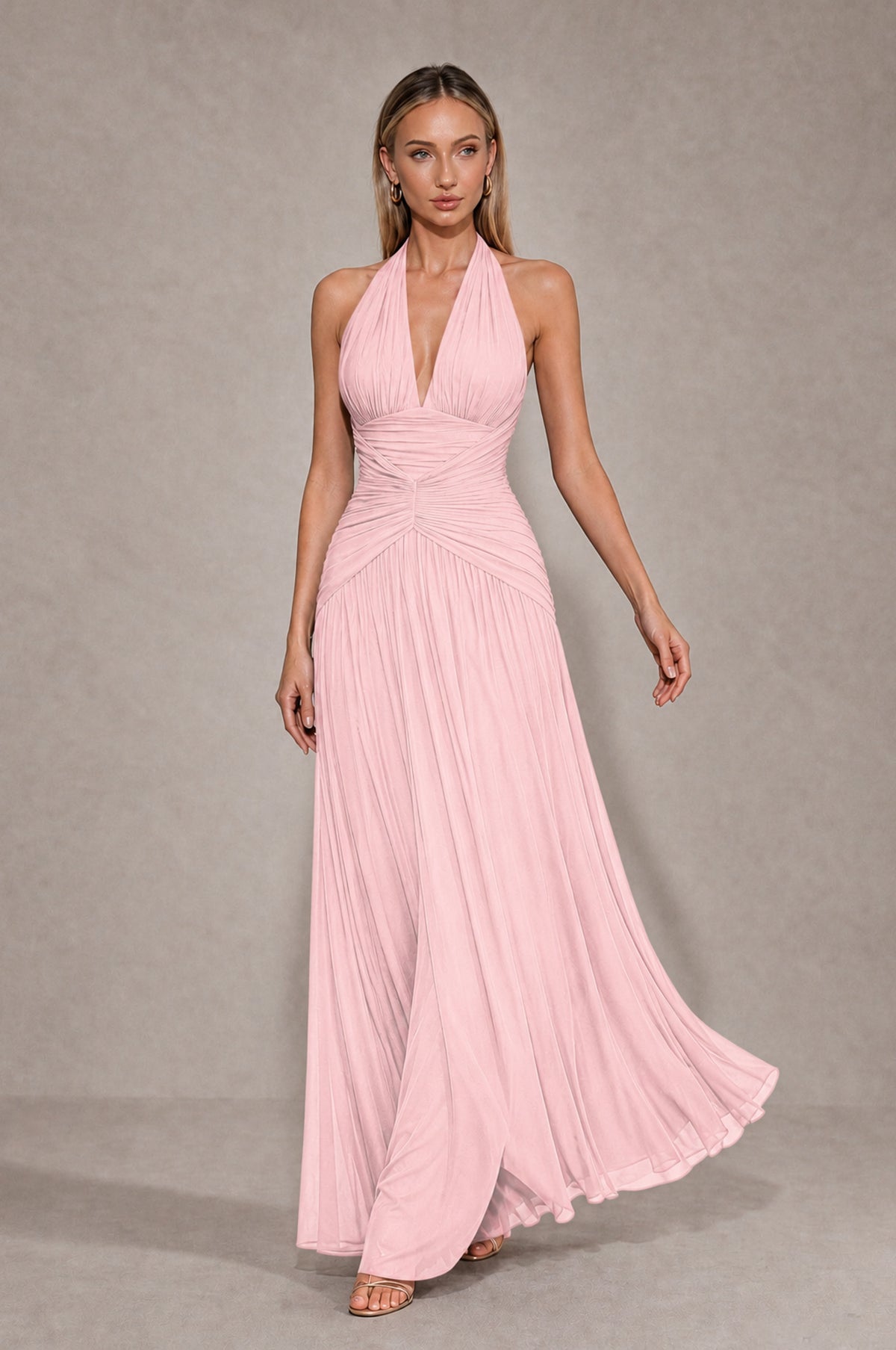 BOLODOO Blush Pink Chiffon Halter Deep V-Neck Ruched A-Line Backless Maxi Dress with Train-BD0167 - Blush Pink - Blush Pink_4