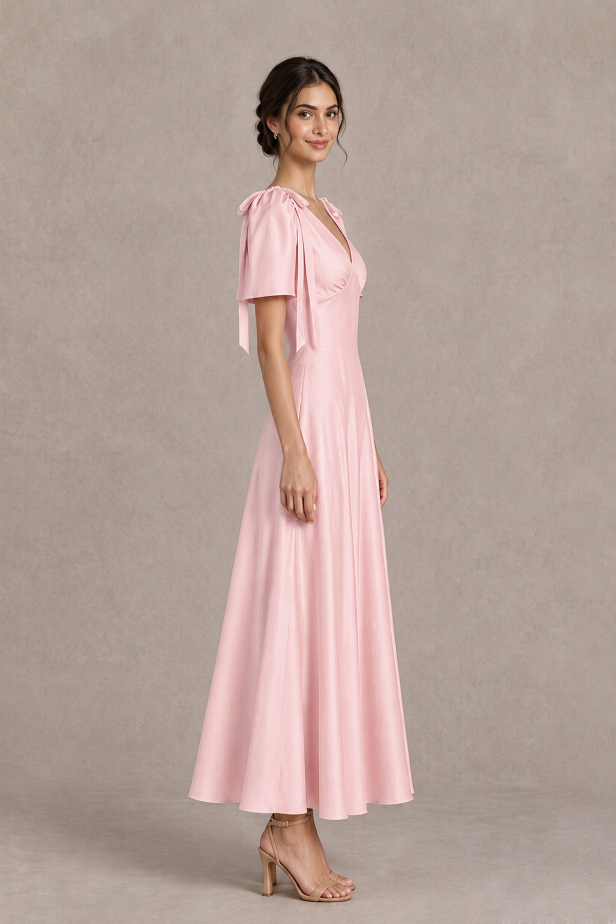BOLODOO Blush Pink V-Neck Short Sleeve Satin-Look Bridesmaid Dress with Shoulder Bows - Blush Pink - Blush Pink_4