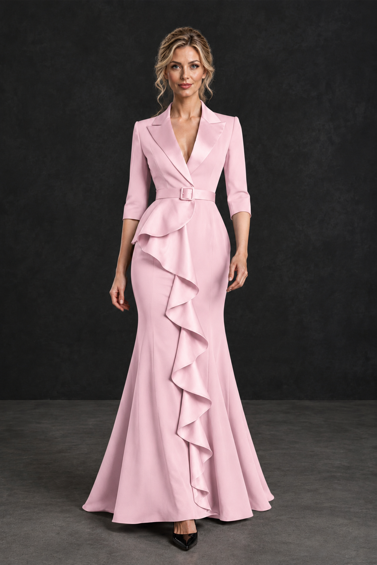 BOLODOO Blush Pink Lapel Ruffle Mother of the Bride Dress with Belt - Blush Pink - Blush Pink_4