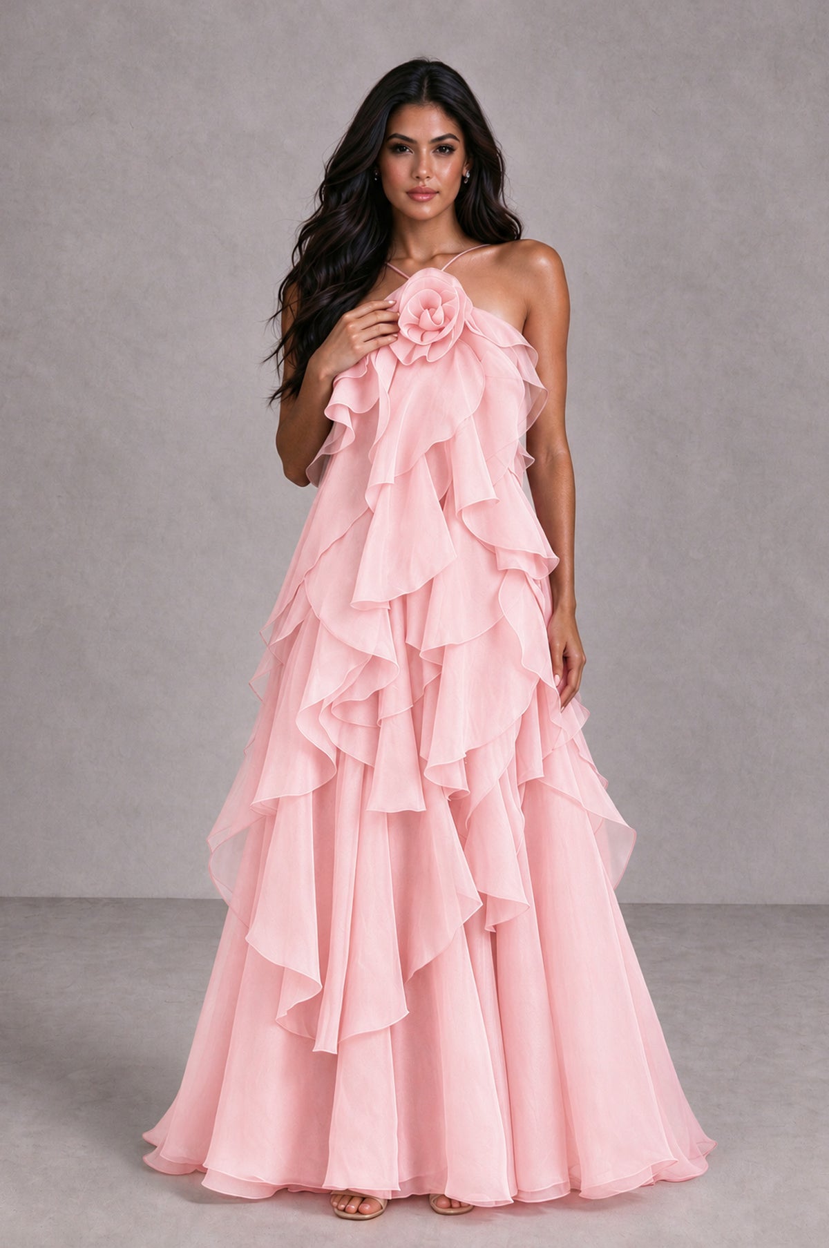 BOLODOO Blush Pink Cascading Ruffle Rosette Open-Back Maxi Dress - Blush Pink - Blush Pink_4