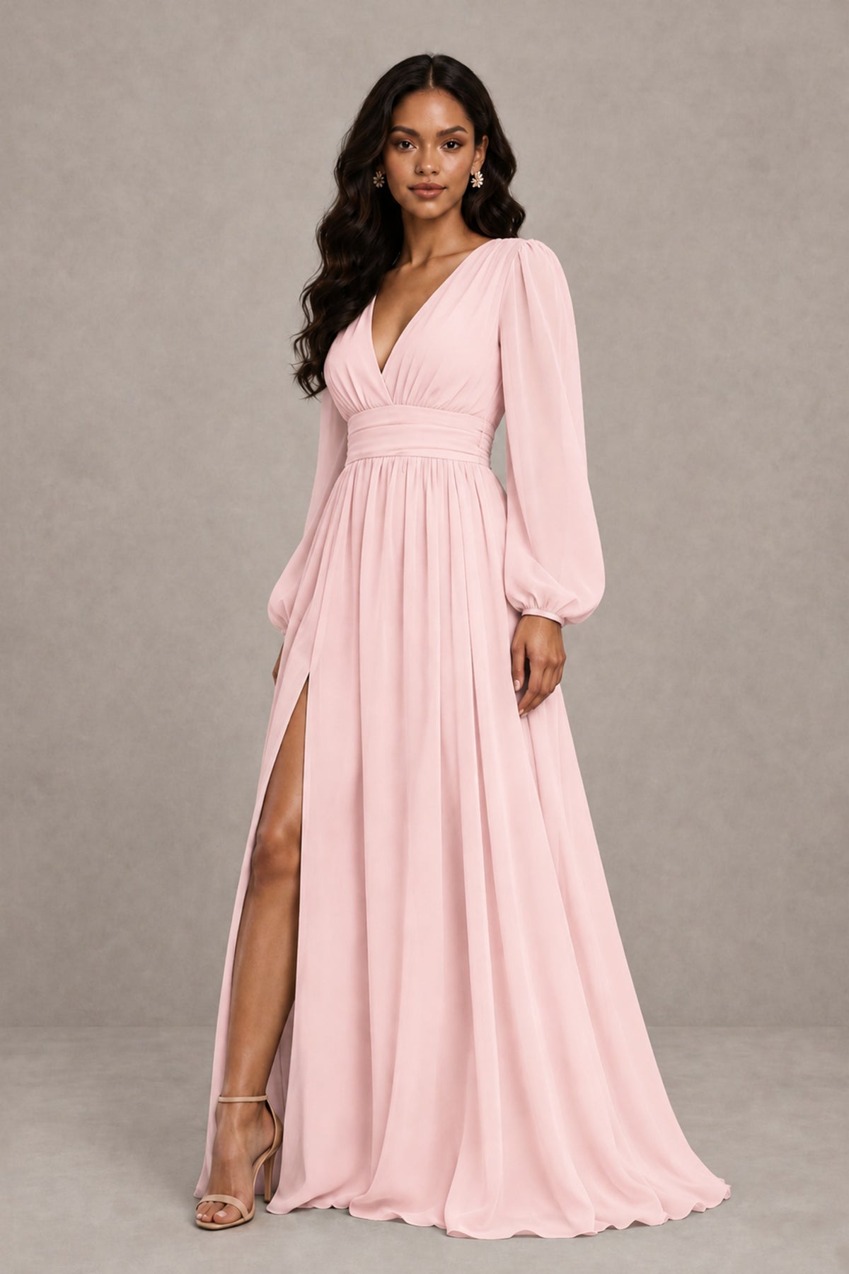 BOLODOO Blush Pink Long Sleeve V-Neck A-Line Gown with Open Back & Slit - Blush Pink - Blush Pink_4