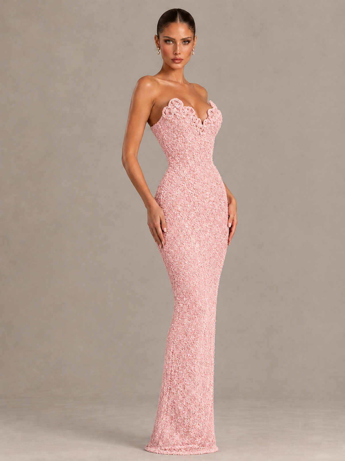 BOLODOO Blush Pink Strapless Sequin Evening Gown with Floral Neckline - Blush Pink - Blush Pink_4