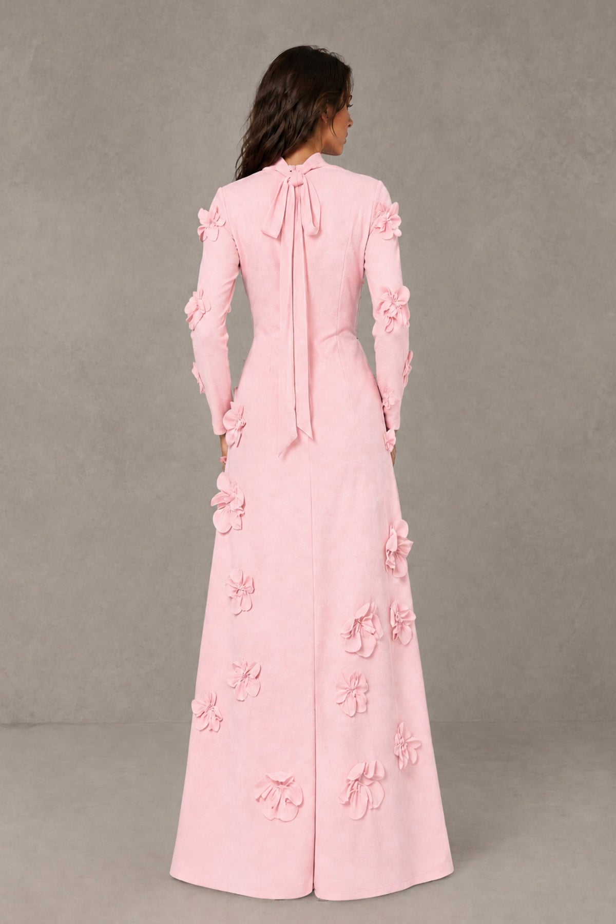 BOLODOO Blush Pink High Neck Long Sleeve 3D Floral Evening Gown - Blush Pink