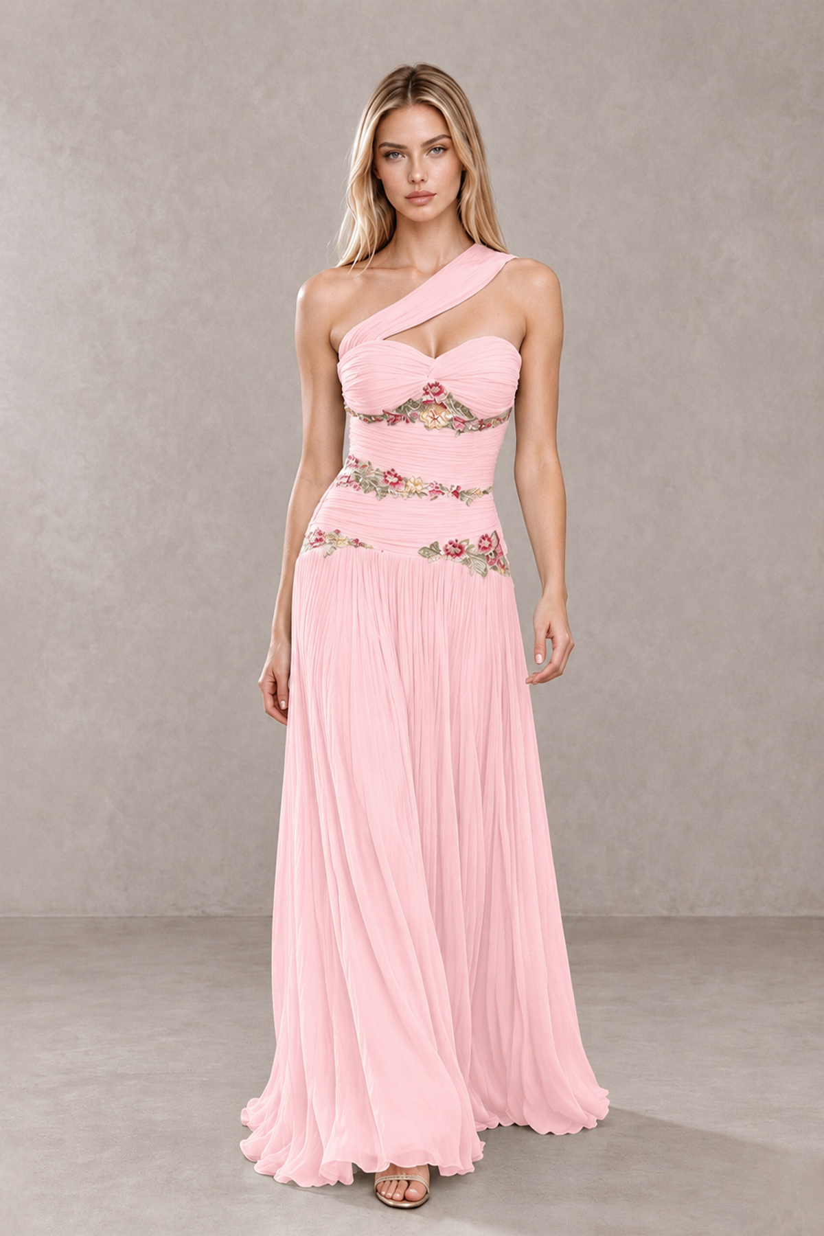 BOLODOO Blush Pink One-Shoulder Floral Applique A-Line Evening Dress - Blush Pink - Blush Pink_4