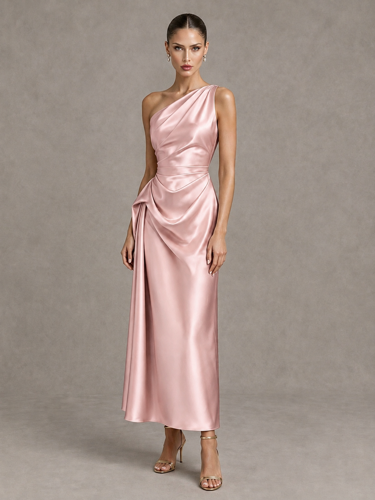 BOLODOO Blush Pink One Shoulder Satin Cocktail Dress with Draped A-Line Skirt - Blush Pink - Blush Pink_4
