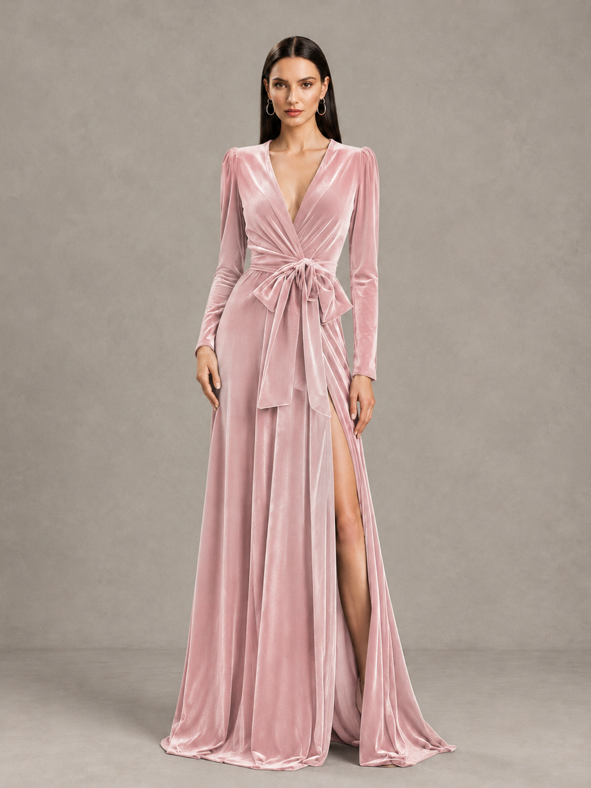 BOLODOO Blush Pink Long Sleeve Velvet-Look Evening Dress with High Slit - Blush Pink - Blush Pink_4