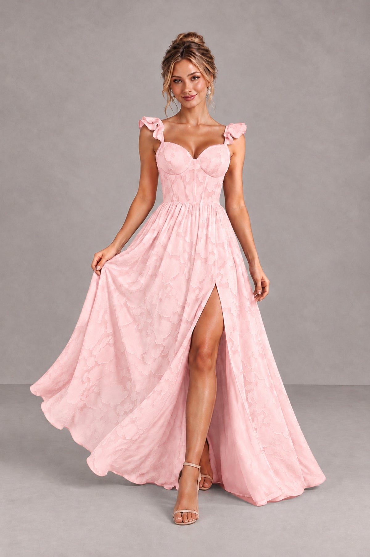 BOLODOO Blush Pink Floral A-Line Bridesmaid Dress with Slit Ruffle Straps Maxi Gown - Blush Pink - Blush Pink_4