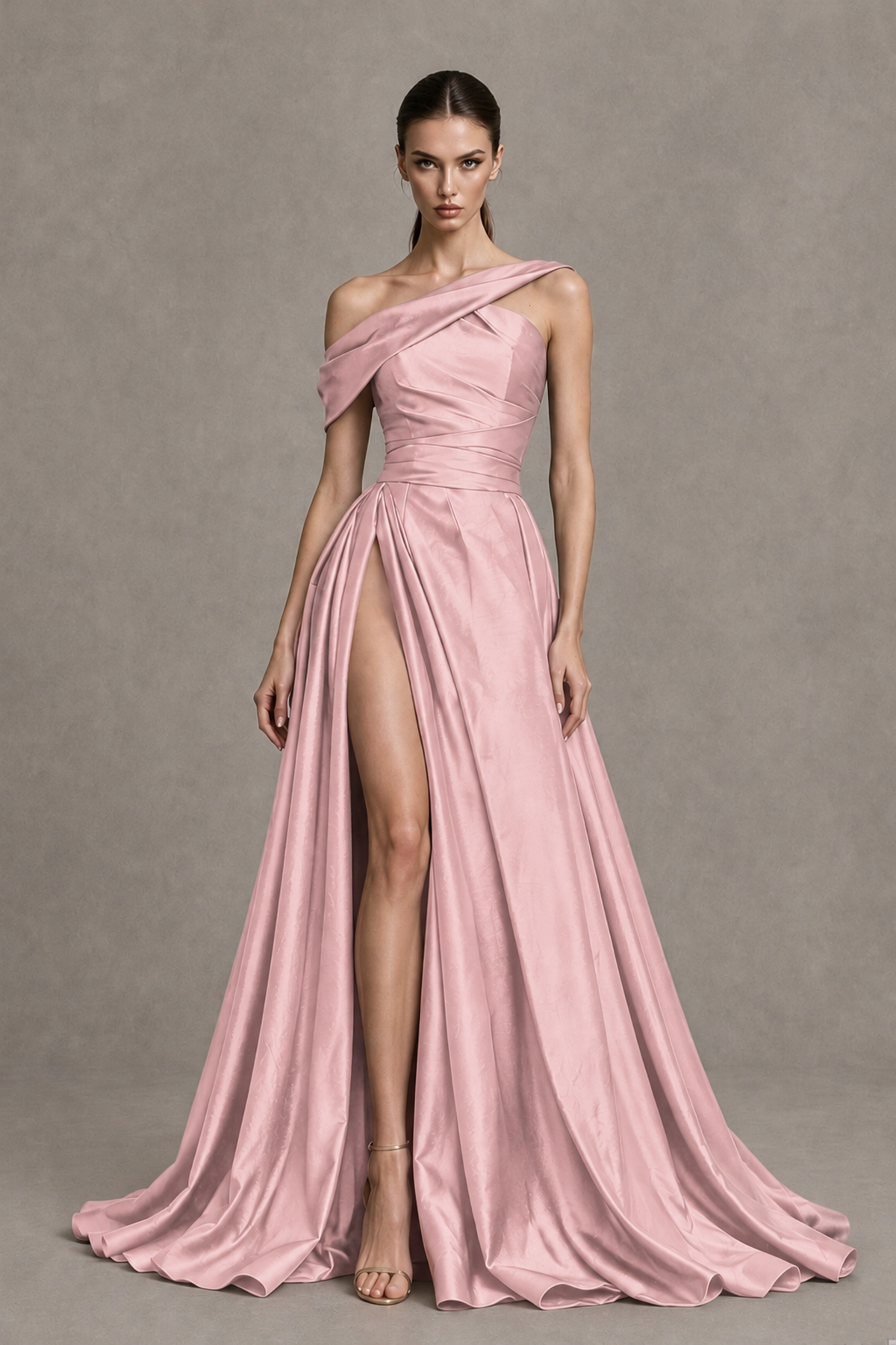BOLODOO Blush Pink Asymmetric Satin-Look A-Line Prom Dress with High Slit - Blush Pink - Blush Pink_4