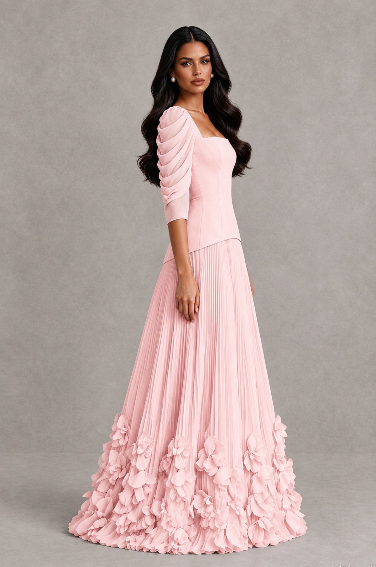 BOLODOO Blush Pink Square Neck Pleated Floral Applique Evening Dress - Blush Pink - Blush Pink_4