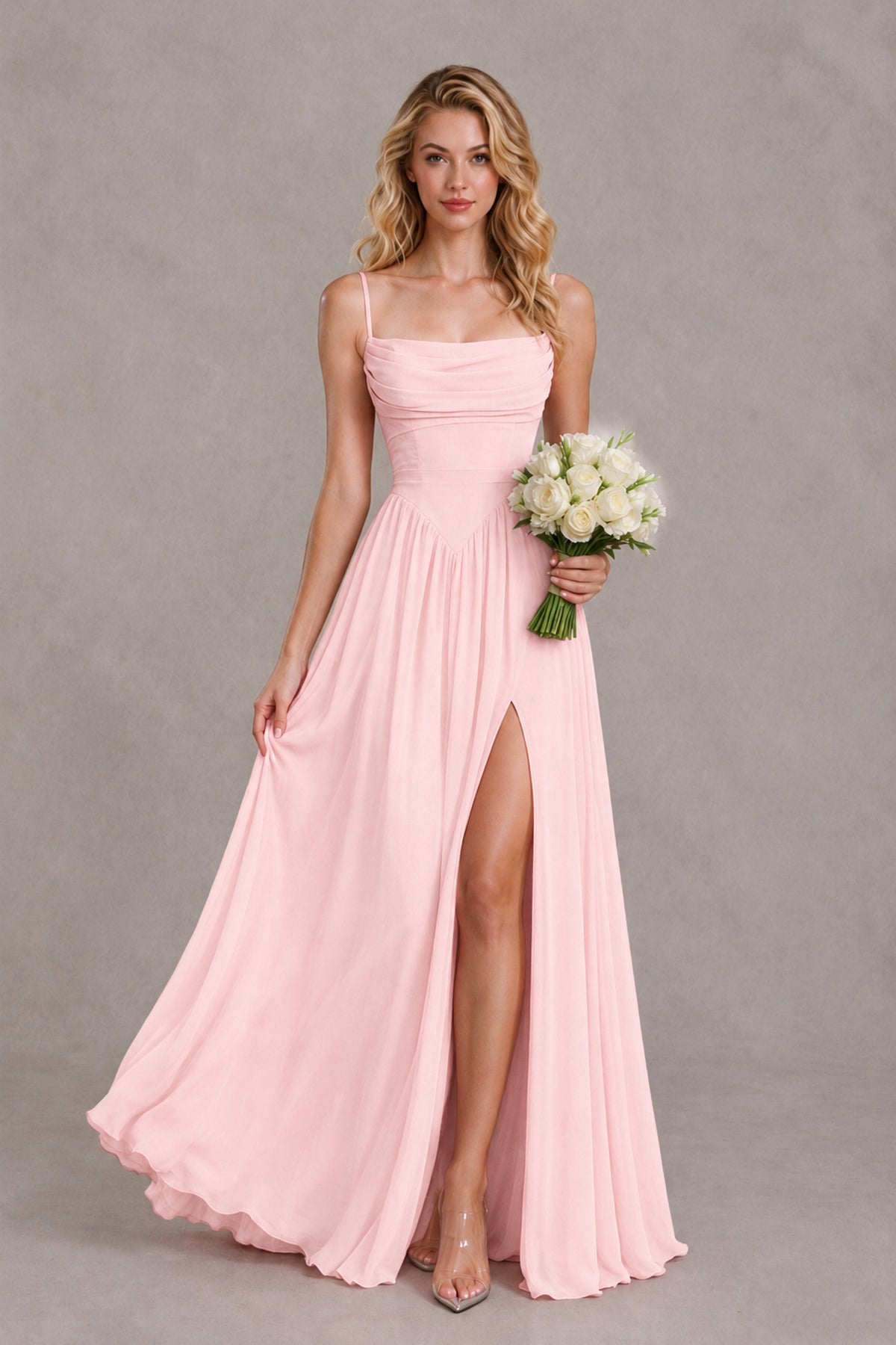 BOLODOO Blush Pink Spaghetti Strap A-Line Bridesmaid Dress with Slit - Blush Pink - Blush Pink_4
