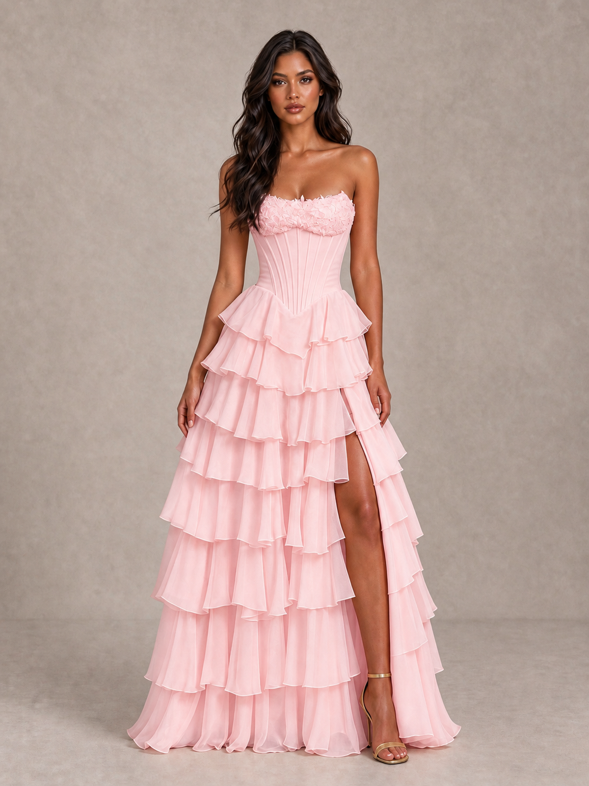 BOLODOO Blush Pink Strapless Corset Tiered Ruffle Prom Dress with High Slit - Blush Pink - Blush Pink_4