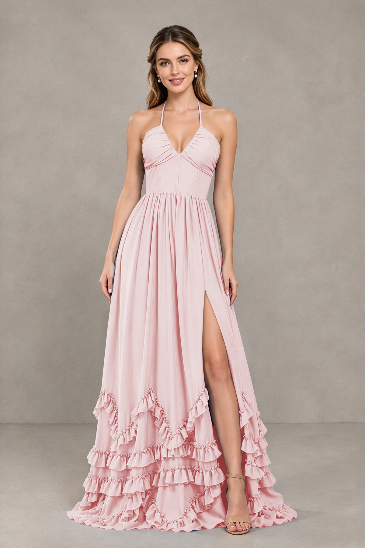 BOLODOO Blush Pink Halter Ruffle Hem A-Line Bridesmaid Dress with High Slit - Blush Pink - Blush Pink(4)