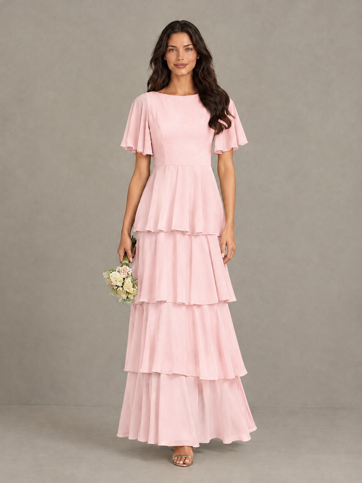 BOLODOO Blush Pink Tiered Flutter Sleeve Bridesmaid Dress - Blush Pink - Blush Pink_4