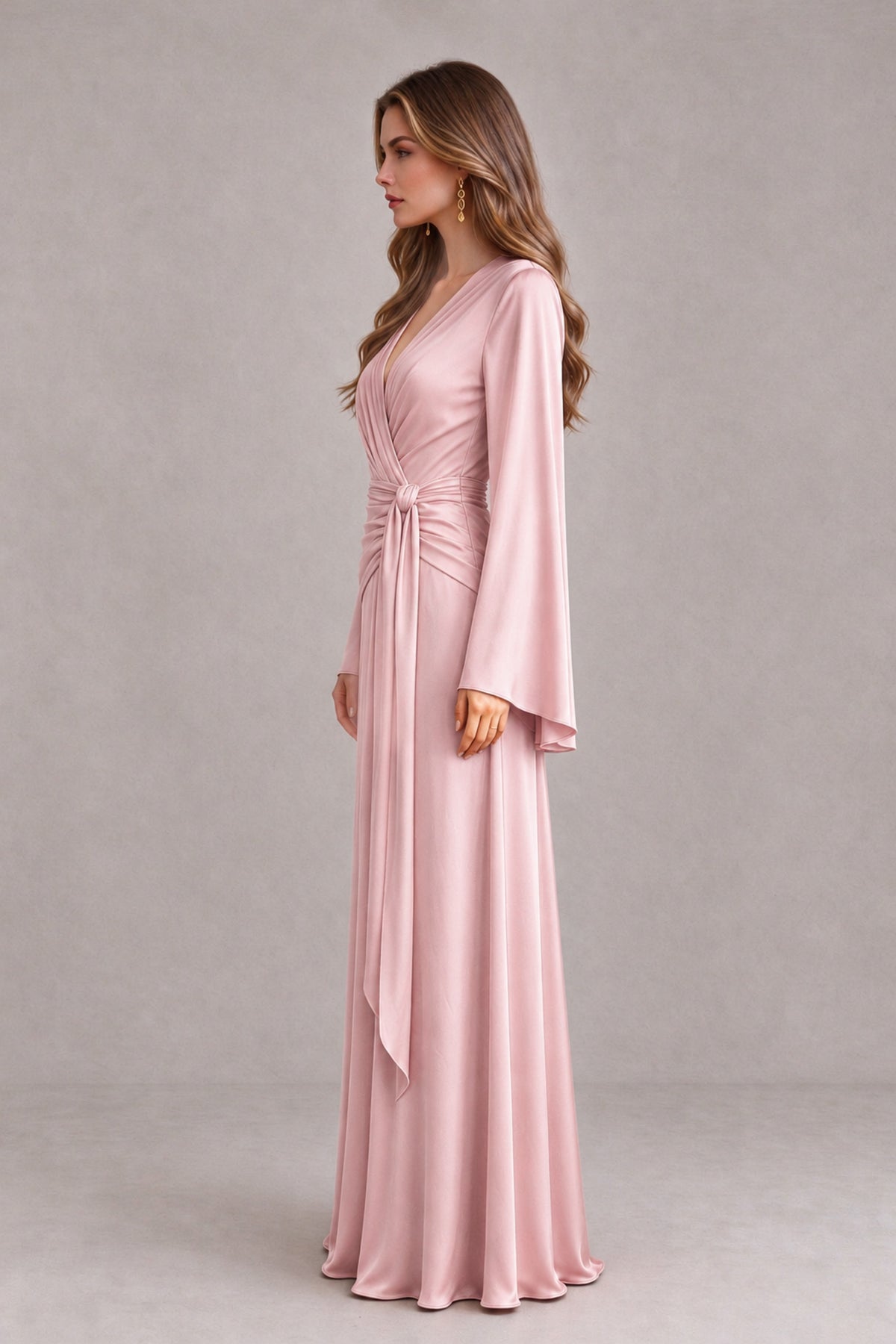 BOLODOO Blush Pink Yellow Satin-Look V-Neck Long Bell Sleeve Evening Dress - Blush Pink - Blush_Pink_4