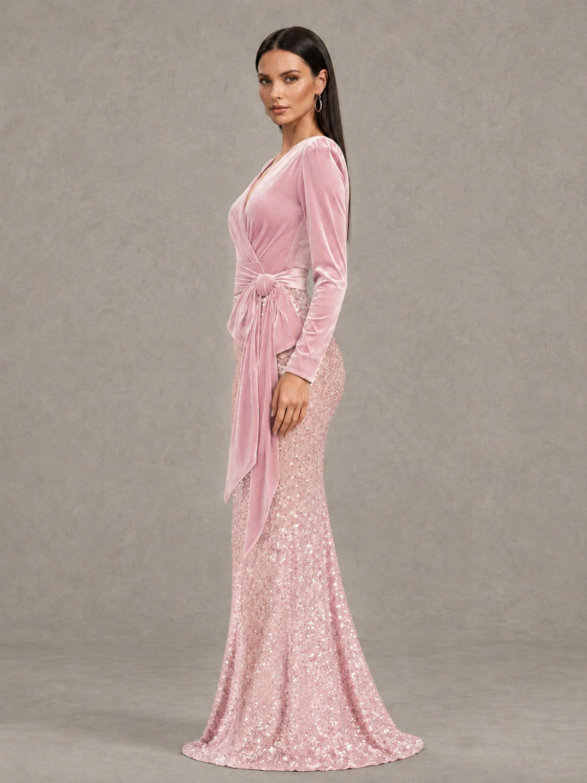 BOLODOO Blush Pink Velvet & Sequin Long Sleeve V-Neck Mermaid Evening Gown - Blush Pink - Blush Pink_4