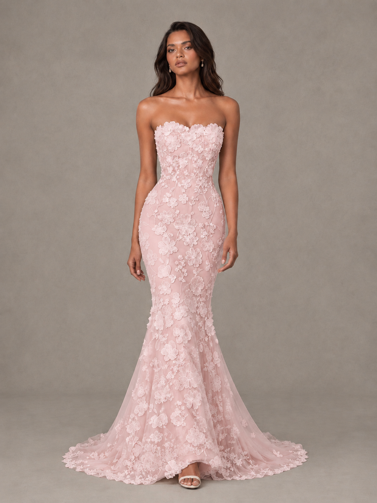 BOLODOO Blush Pink Strapless 3D Floral Lace Mermaid Prom Dress with Train - Blush Pink - Blush Pink_4