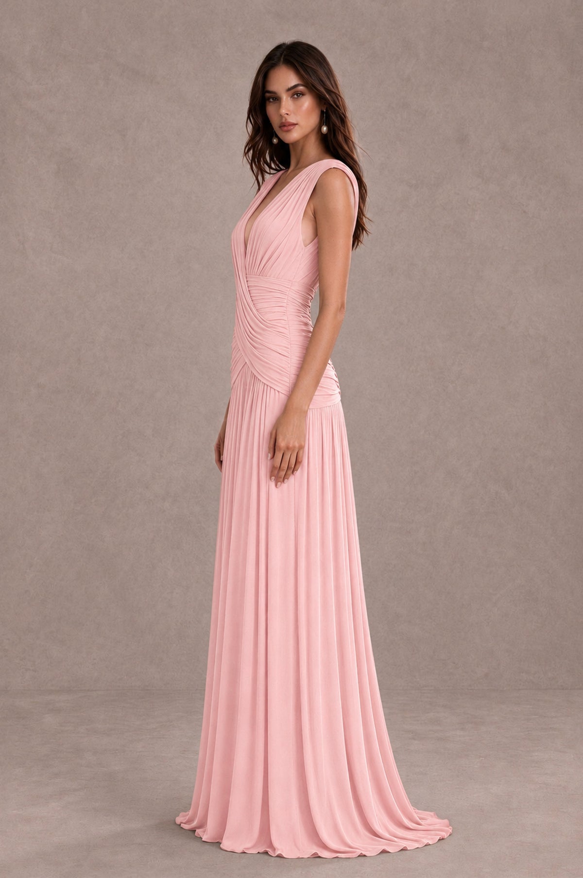 BOLODOO Blush Pink V-Neck Ruched Wedding Guest Dress - Blush Pink - Blush Pink_4