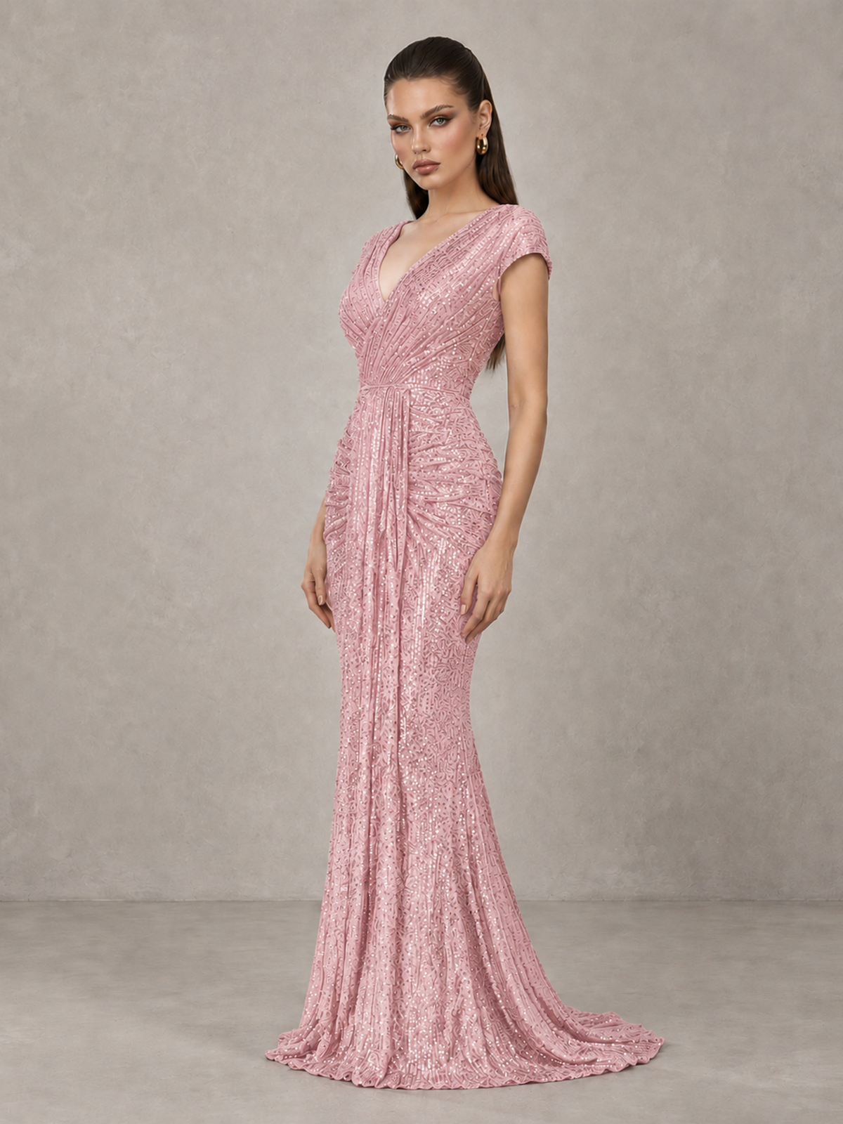 BOLODOO Blush Pink Glitter V-Neck Cap Sleeve Ruched Mermaid Evening Gown - Blush Pink - Blush Pink_4