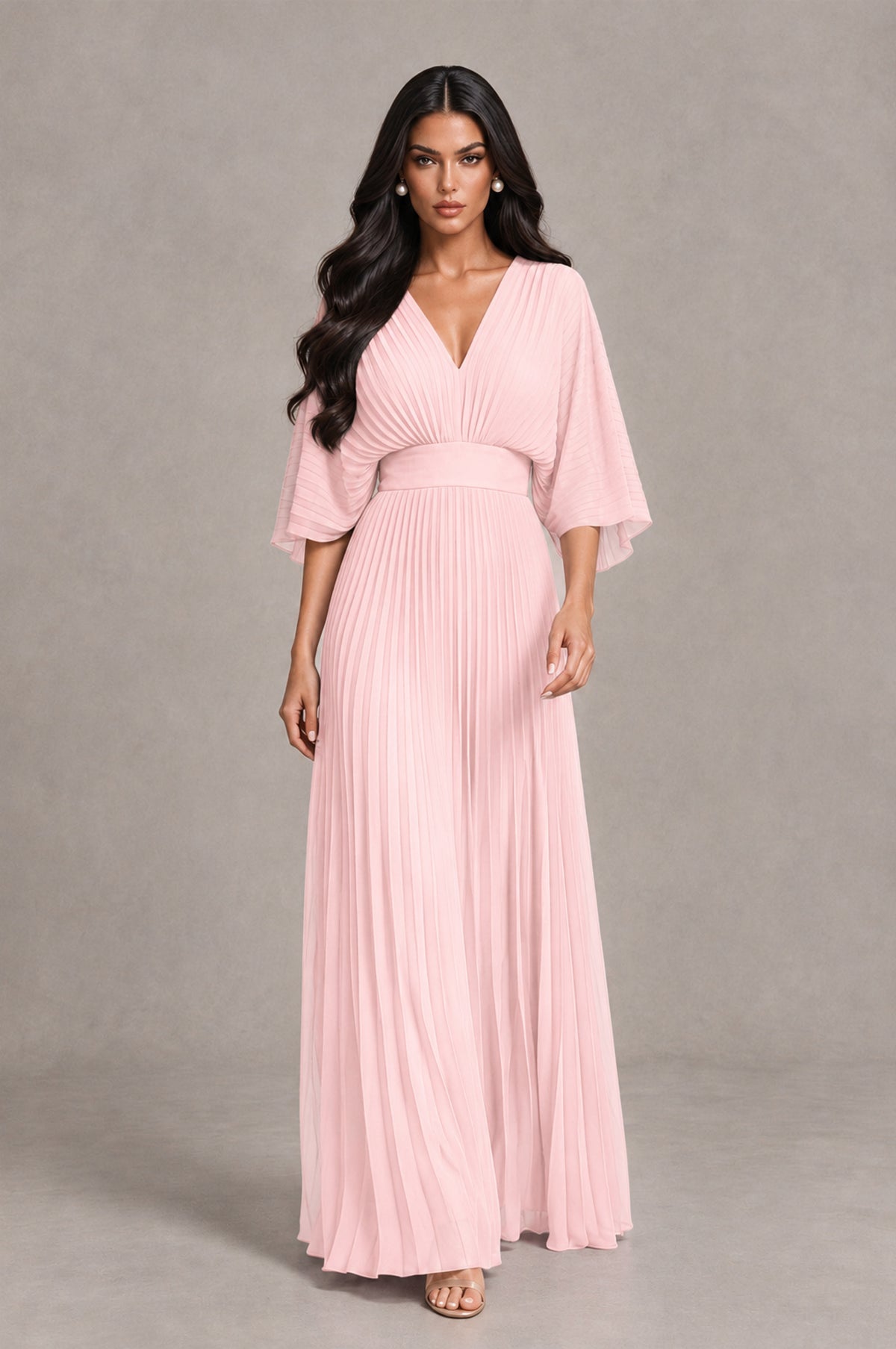 BOLODOO Blush Pink V-Neck Pleated Flutter Sleeve Formal Dress - Blush Pink - Blush Pink_4