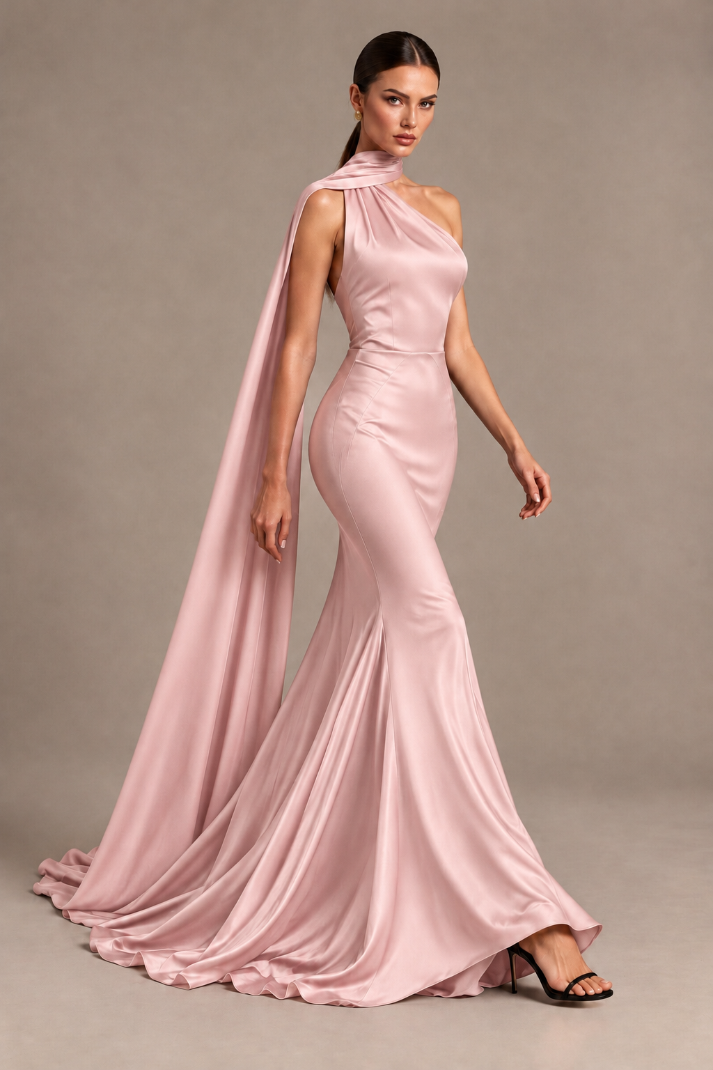 BOLODOO Blush Pink One-Shoulder Satin Mermaid Evening Dress with Scarf - Blush Pink - Blush Pink_4
