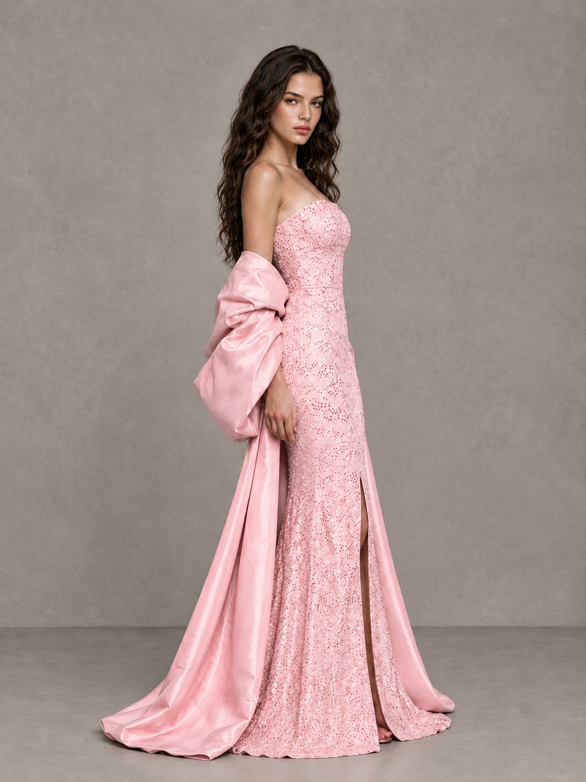BOLODOO Blush Pink Strapless Sparkle Mermaid Prom Dress with Front Slit and Draped Sleeves - Blush Pink - Blush Pink_4