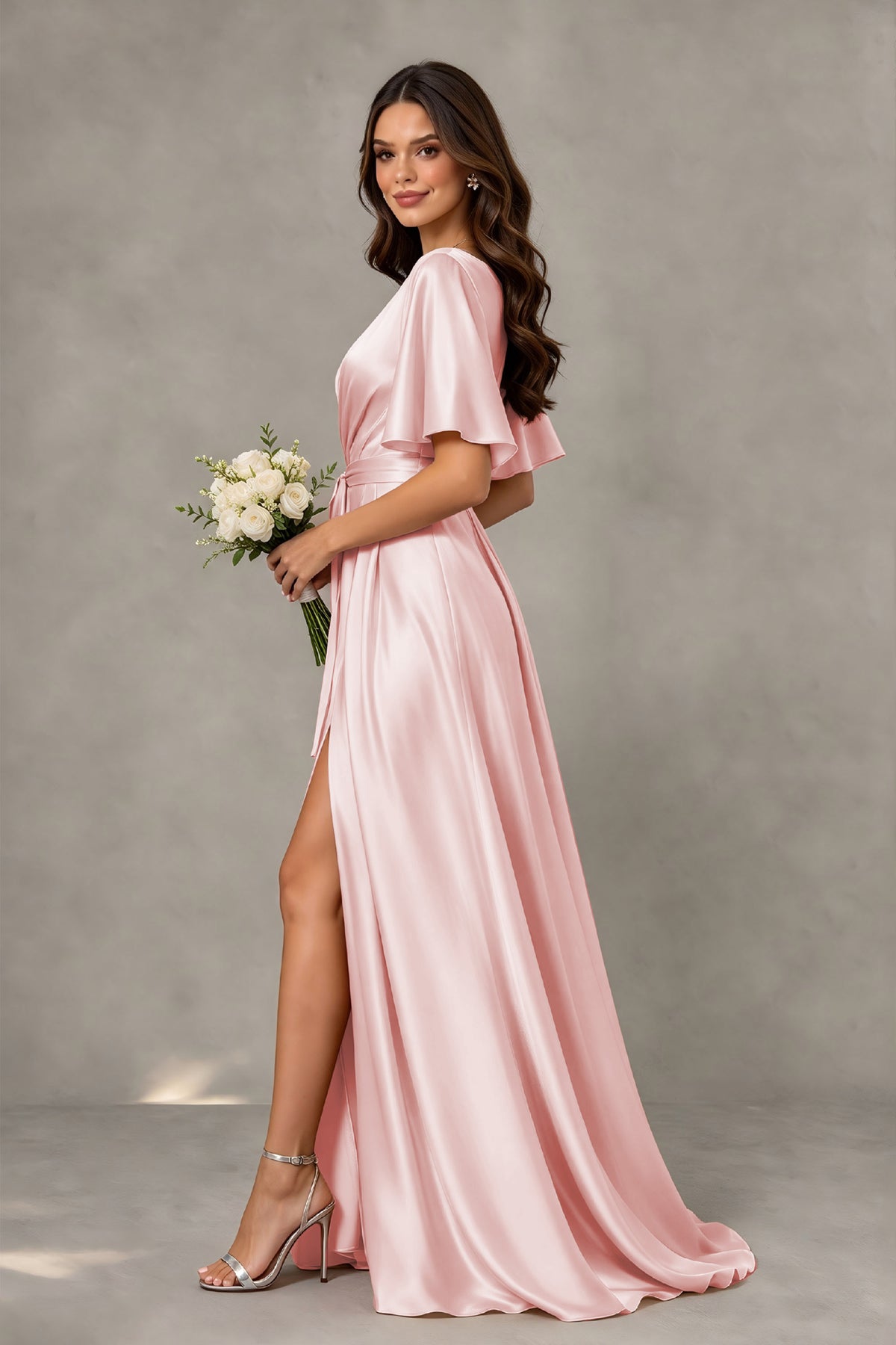 BOLODOO Blush Pink Satin V-Neck Flutter Sleeve Bridesmaid Dress with Slit - Blush Pink - Blush Pink(4)