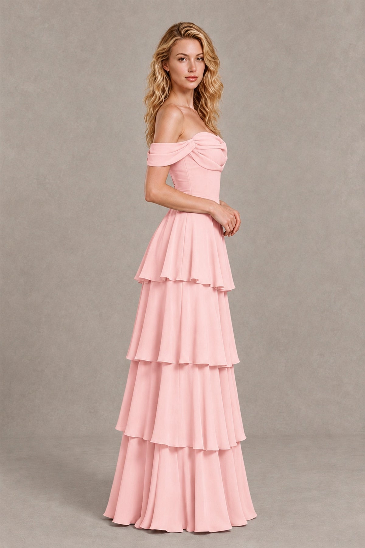 BOLODOO Blush Pink Off-the-Shoulder Tiered A-Line Evening Bridesmaid Dress - Blush Pink - Blush Pink_4