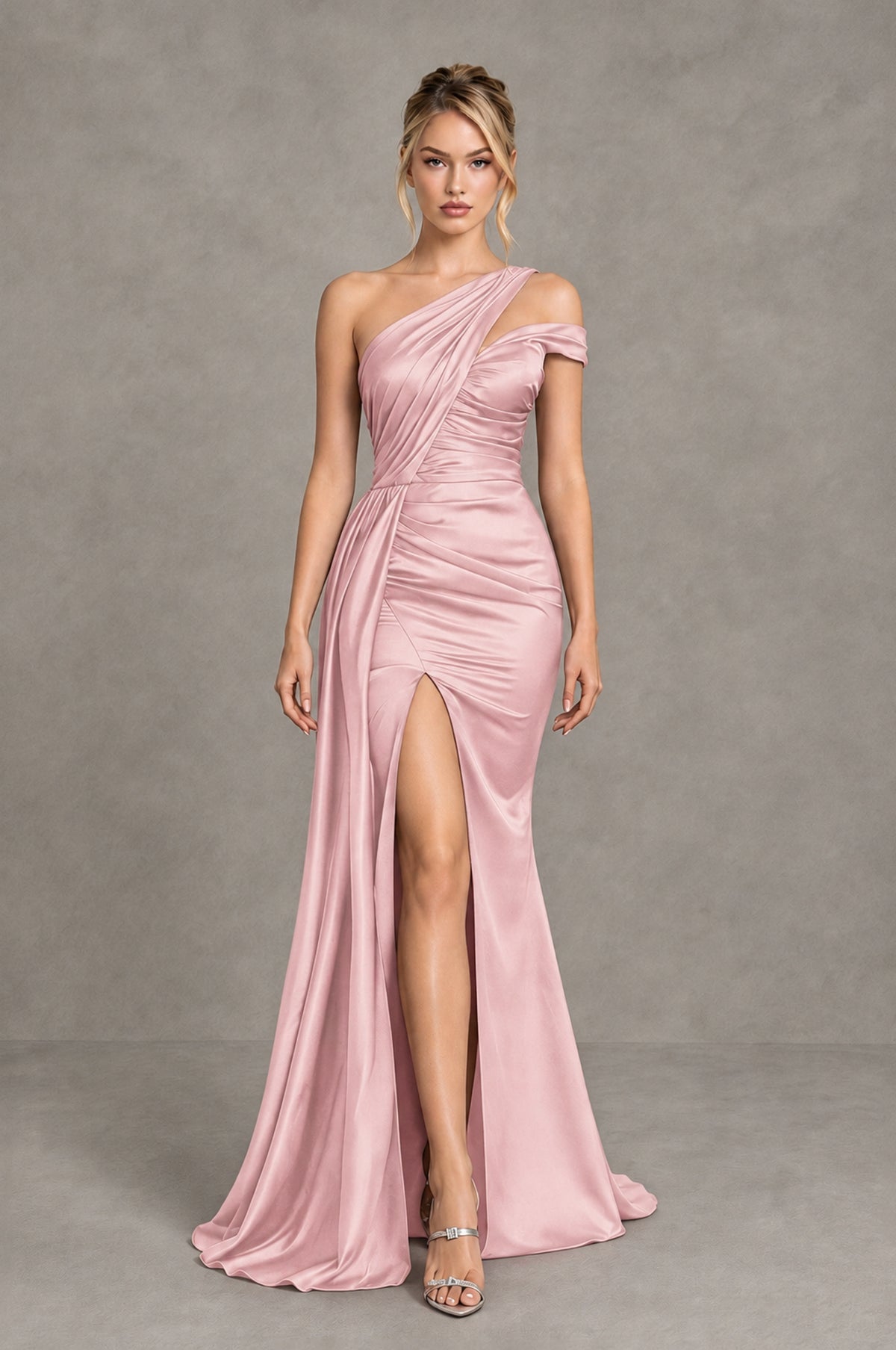 BOLODOO Blush Pink Asymmetric Ruched Formal Evening Dress - Blush Pink - Blush Pink_4