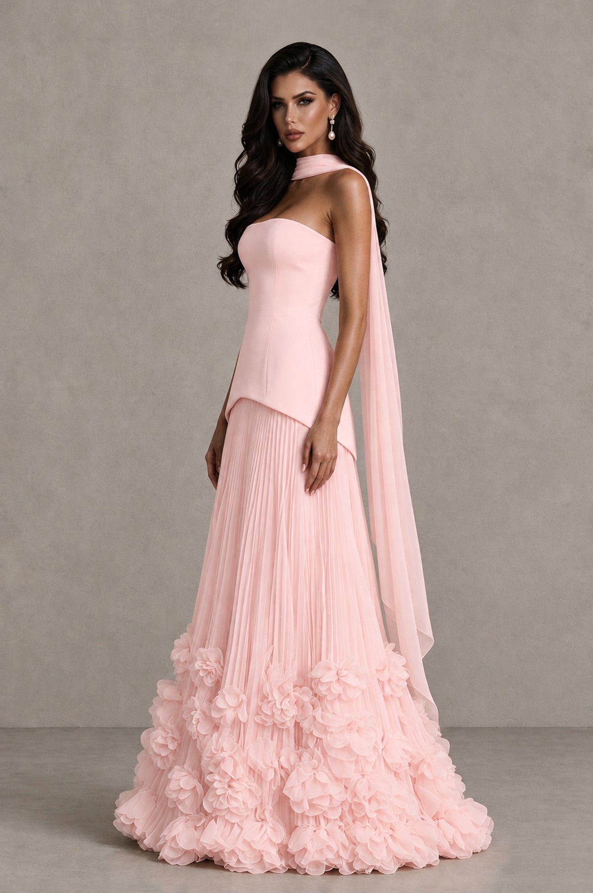 BOLODOO Blush Pink Strapless Pleated Floral Hem Evening Gown - Blush Pink - Blush Pink_4