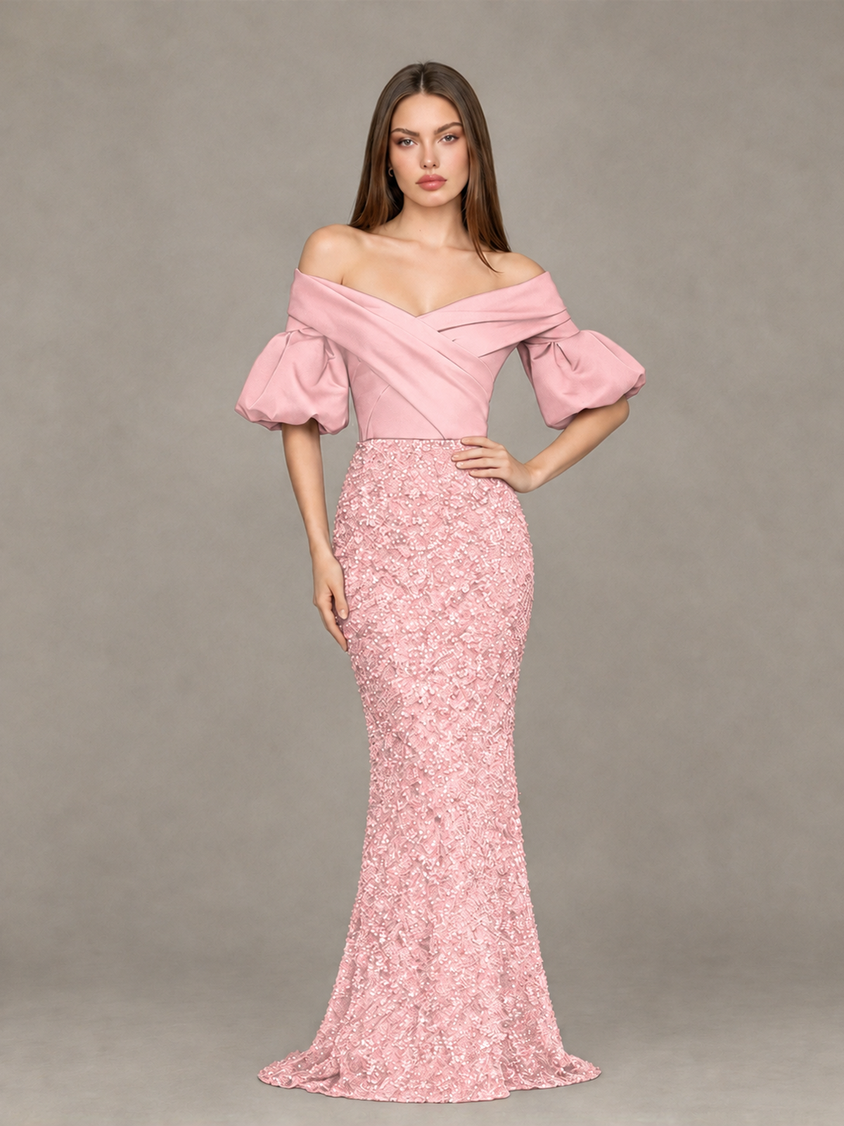 BOLODOO Blush Pink Off-Shoulder Puff Sleeve Sequin Mermaid Evening Dress - Blush Pink - Blush Pink_4