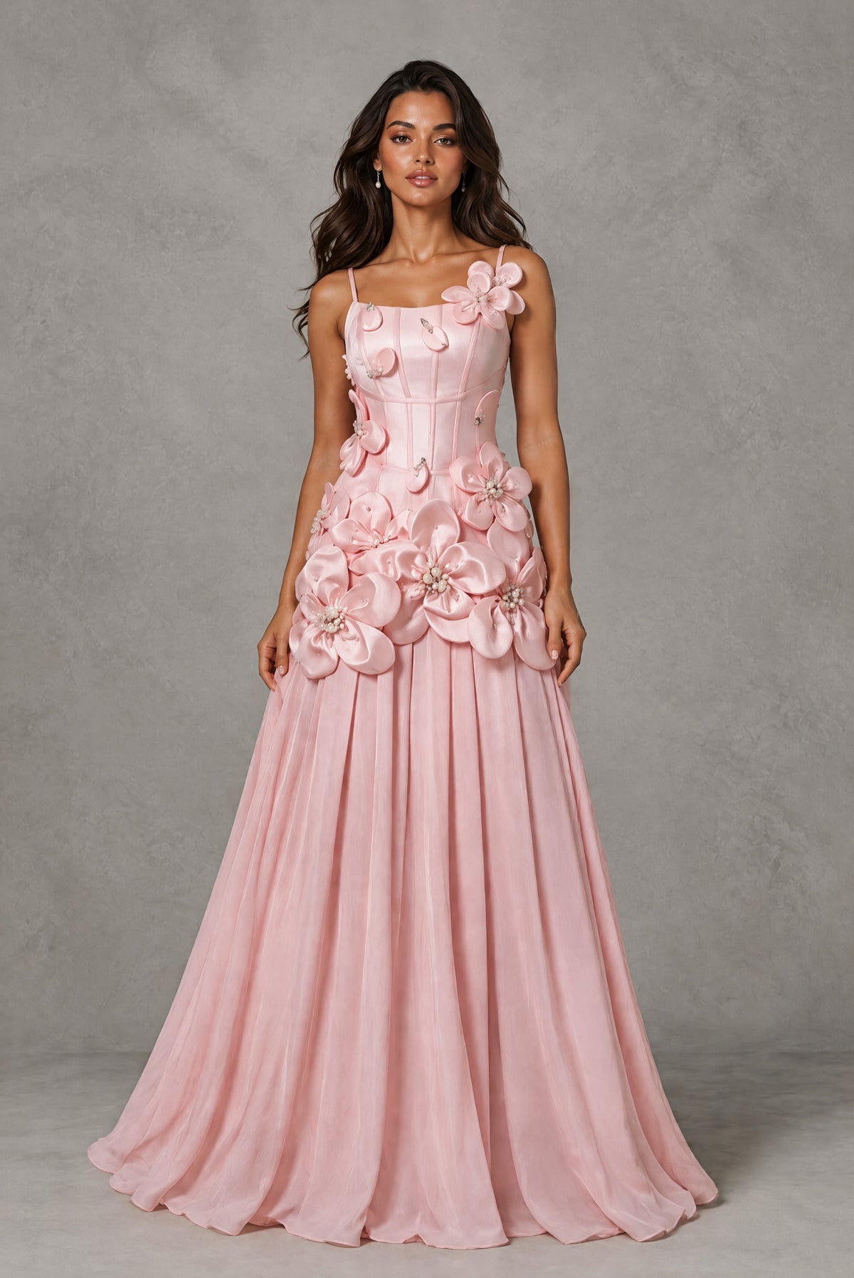 BOLODOO Blush Pink 3D Floral Appliqué Floor-Length A-Line Evening Gown - Blush Pink