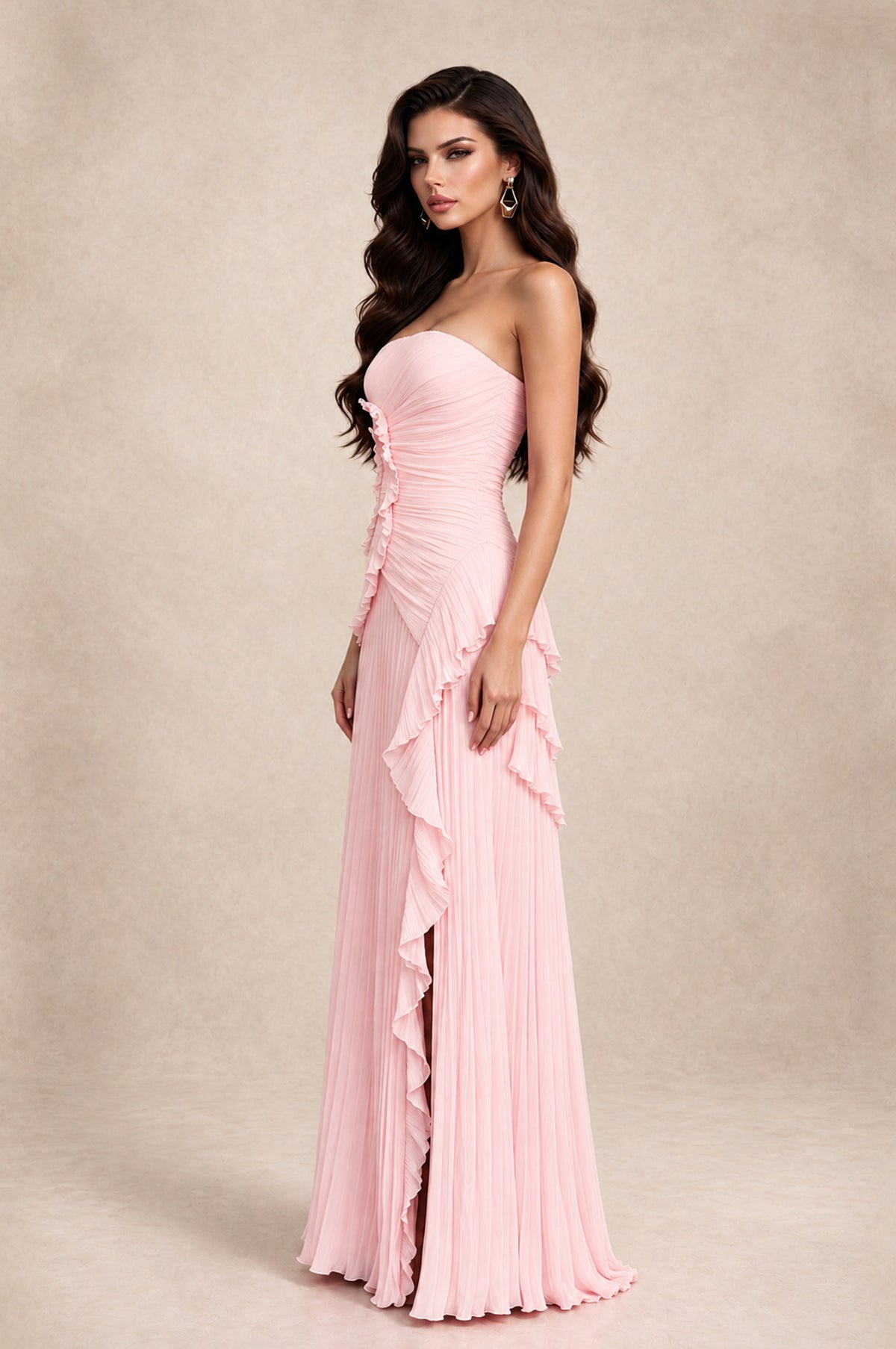 BOLODOO Blush Pink Strapless Ruffle Pleated Slit Evening Gown - Blush Pink - Blush Pink_4