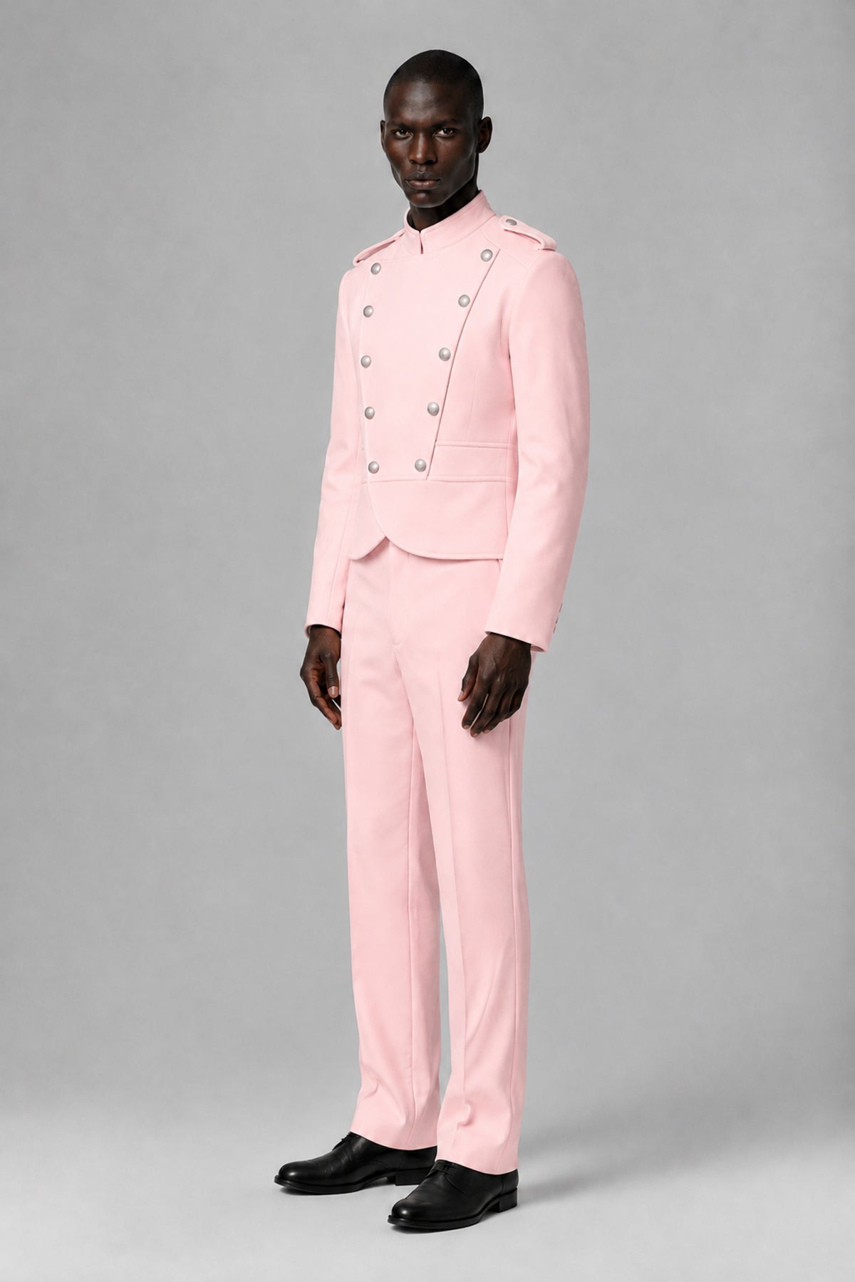 Bolodoo Men's Blush Pink Military-Inspired Two-Piece Suit with Stand Collar - Blush Pink - Blush Pink_4