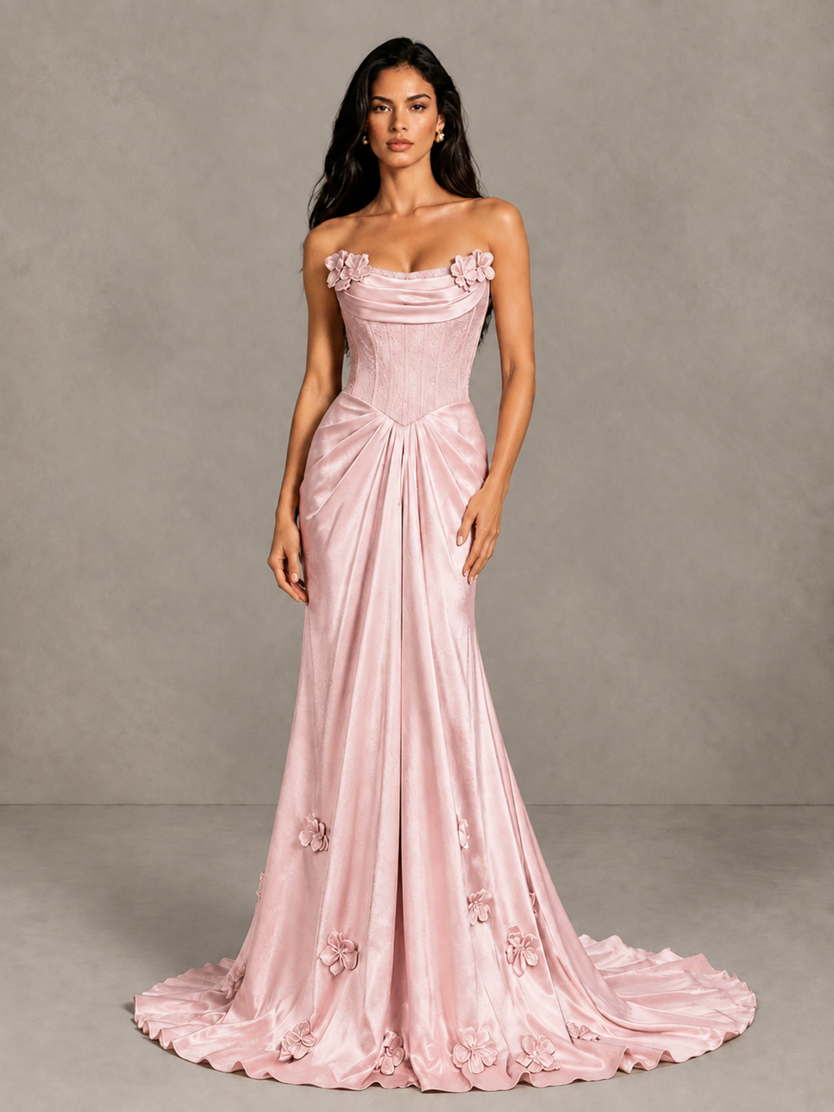 BOLODOO Blush Pink Strapless Floral Corset Evening Gown with Train - Blush Pink - Blush Pink_4