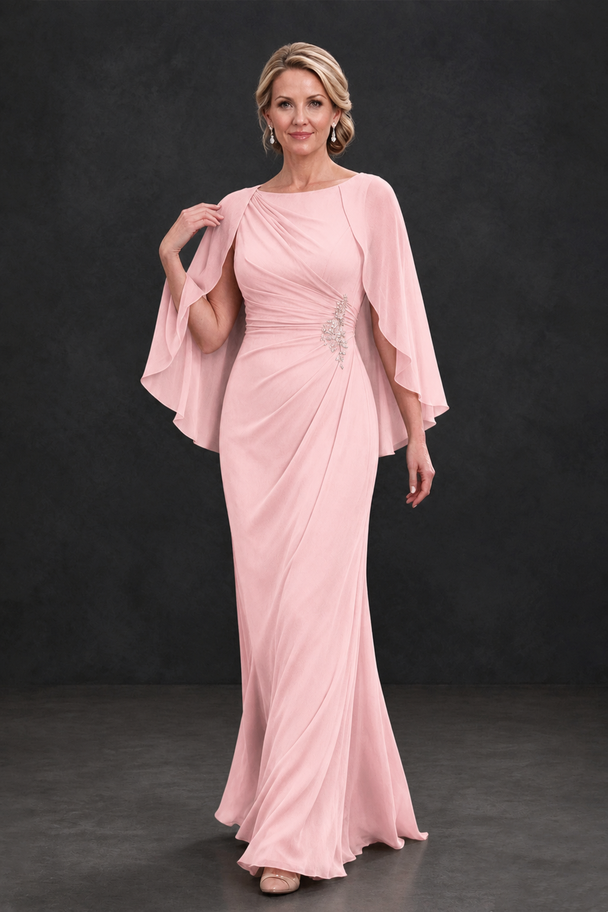 BOLODOO Blush Pink Cape Sleeve Mother of the Bride Dress with Ruched Waist - Blush Pink - Blush Pink_4